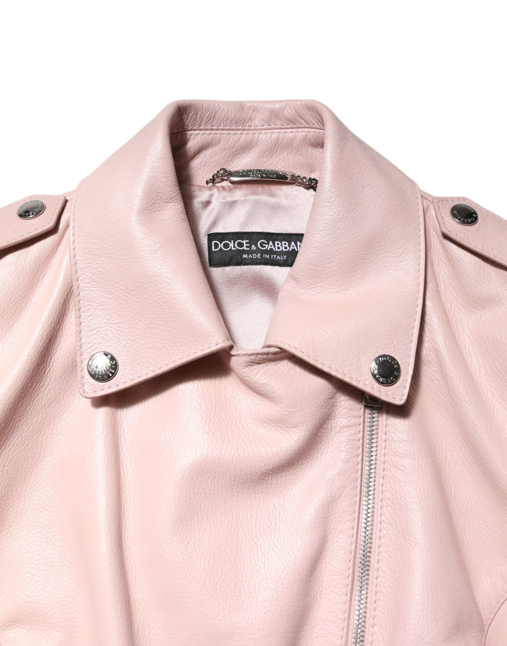 Dolce &amp; Gabbana Veste motard en cuir rose clair à col pour femme
