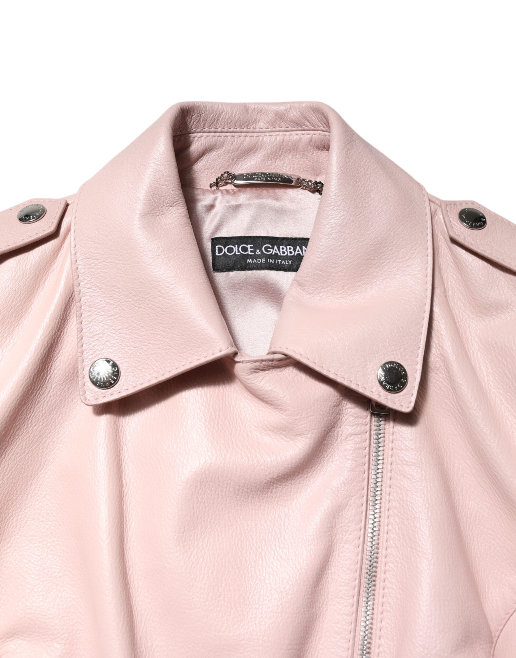 Dolce &amp; Gabbana Veste motard en cuir rose clair à col pour femme