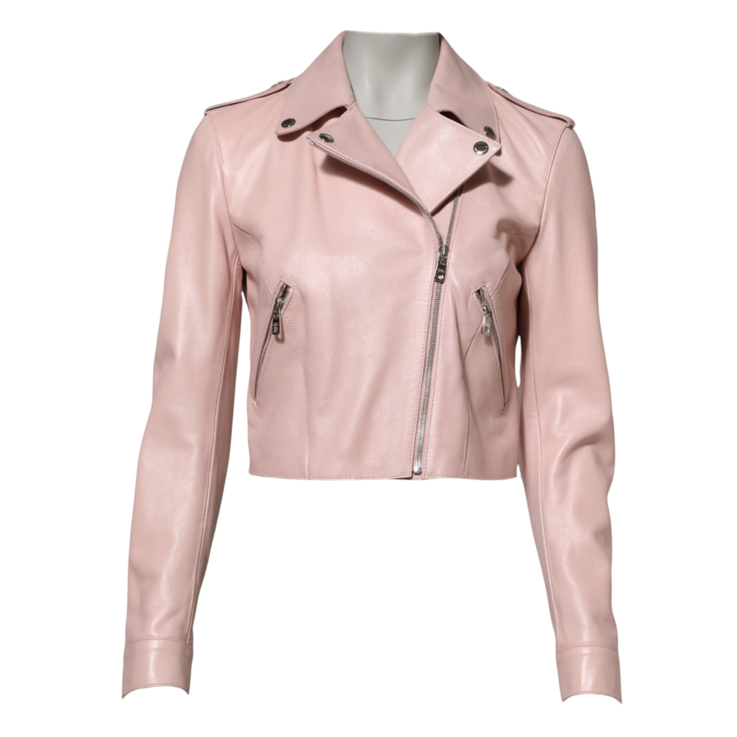 Dolce &amp; Gabbana Veste motard en cuir rose clair à col pour femme