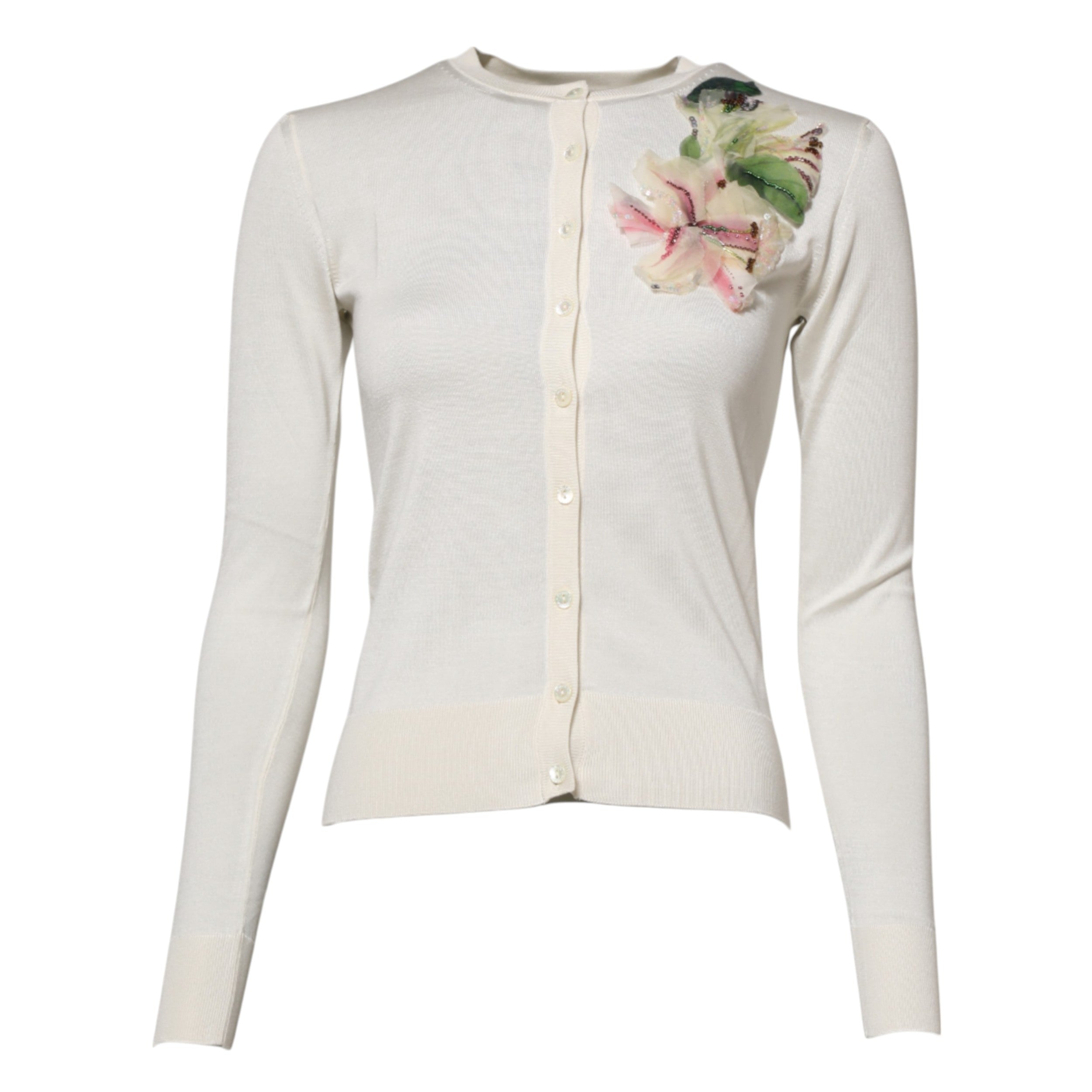 Dolce &amp; Gabbana – Strickjacke aus weißer Seide mit Lilienverzierung