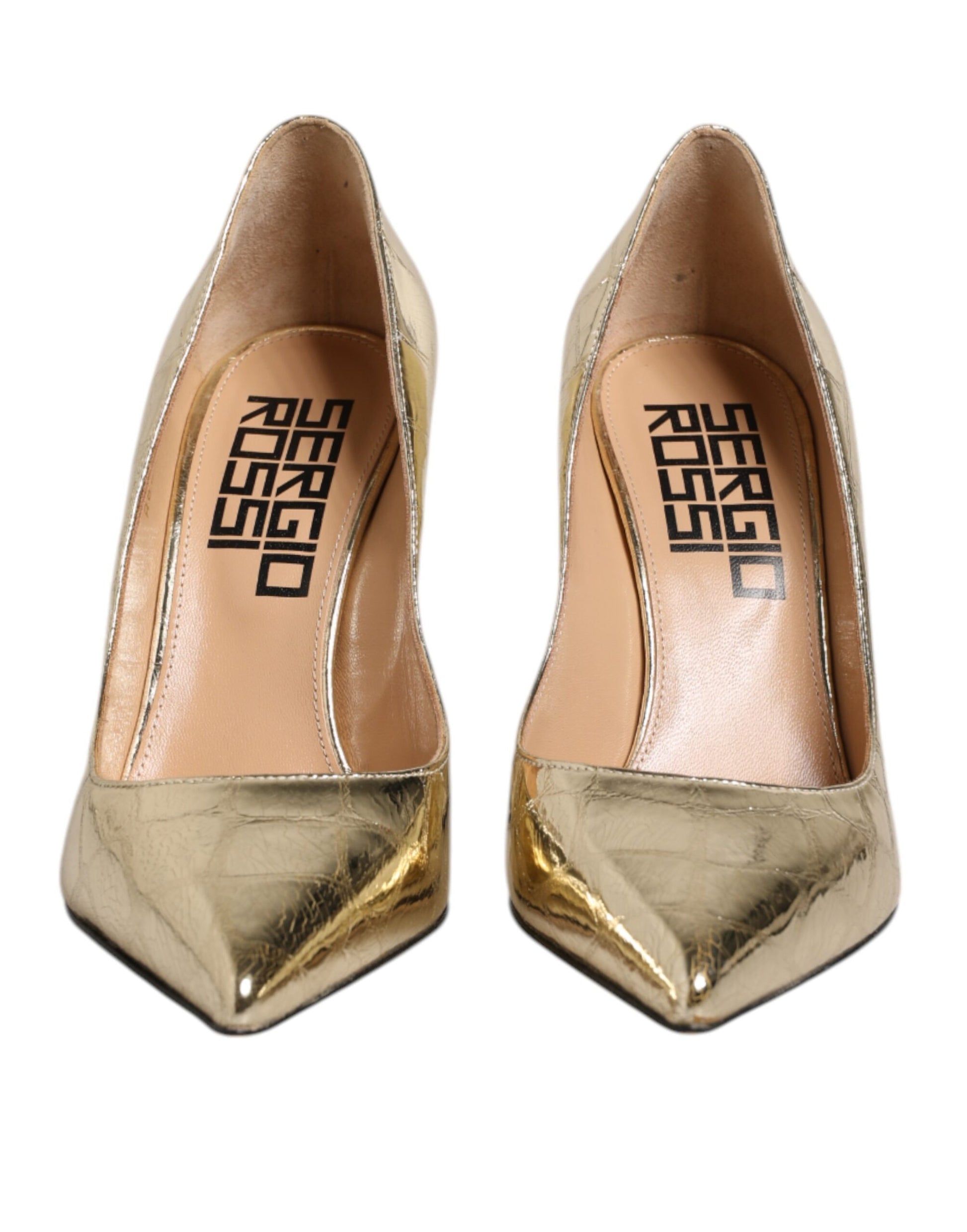 Sergio Rossi – Goldfarbene Lederschuhe mit spitzer Zehenpartie und Blockabsatz