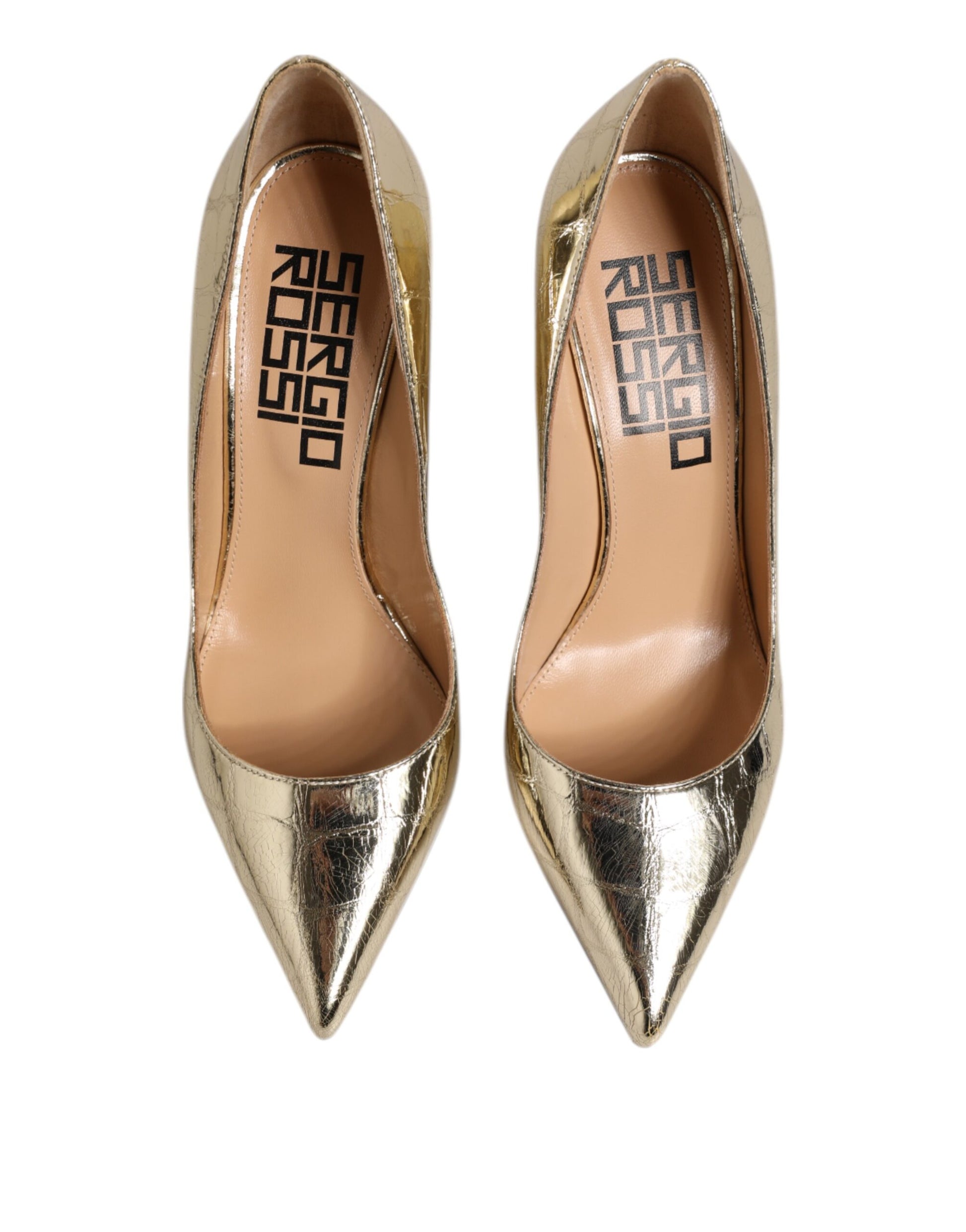 Sergio Rossi – Goldfarbene Lederschuhe mit spitzer Zehenpartie und Blockabsatz