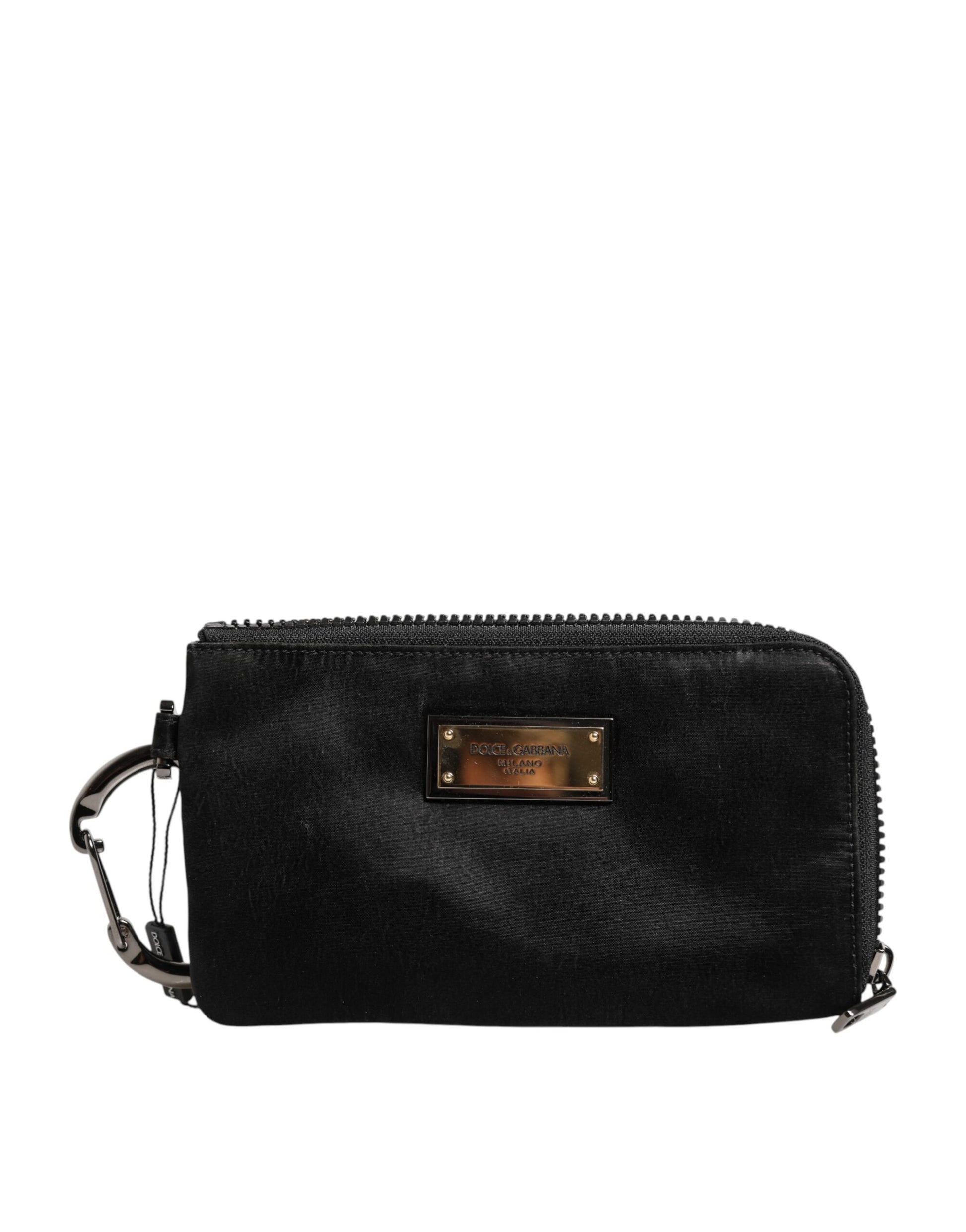 Dolce &amp; Gabbana – Schwarze Clutch aus Nylon mit Schlüsselanhänger und Logo-Schild