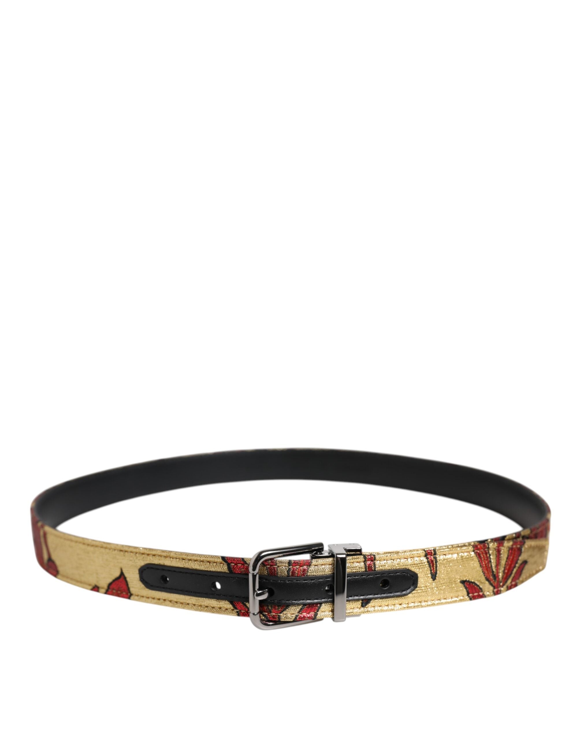 Dolce &amp; Gabbana – Goldfarbener Jacquard-Gürtel mit floraler Schnalle aus silbernem Metall
