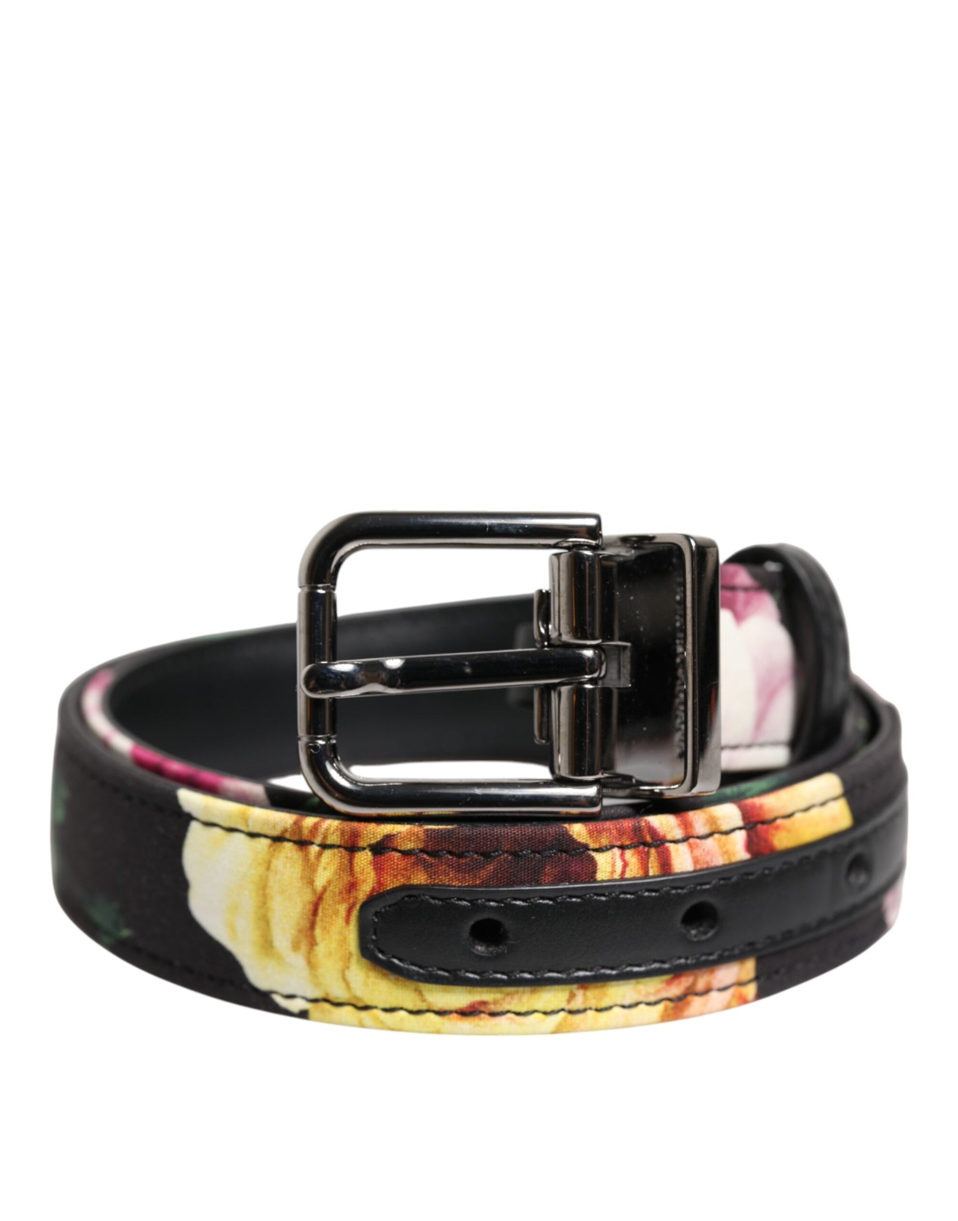 Dolce &amp; Gabbana Schwarzer Brokatgürtel mit Blumenmuster und silberner Metallschnalle