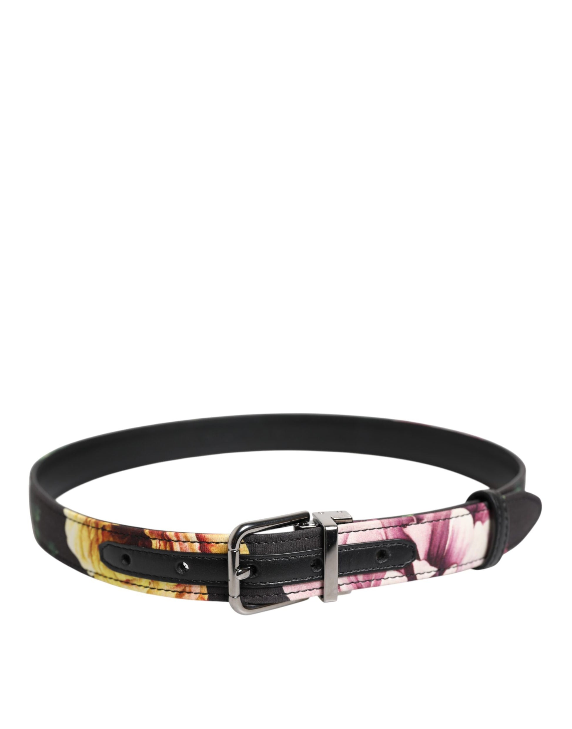 Dolce &amp; Gabbana Schwarzer Brokatgürtel mit Blumenmuster und silberner Metallschnalle