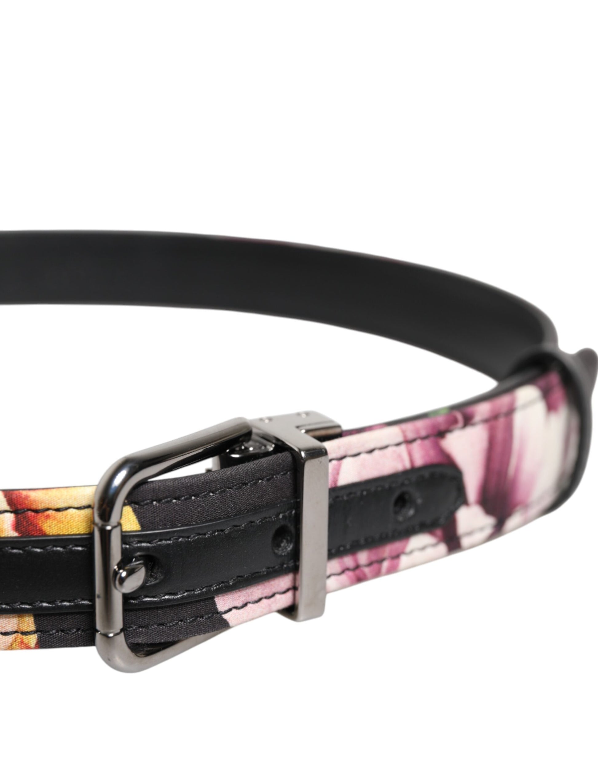 Dolce &amp; Gabbana Schwarzer Brokatgürtel mit Blumenmuster und silberner Metallschnalle
