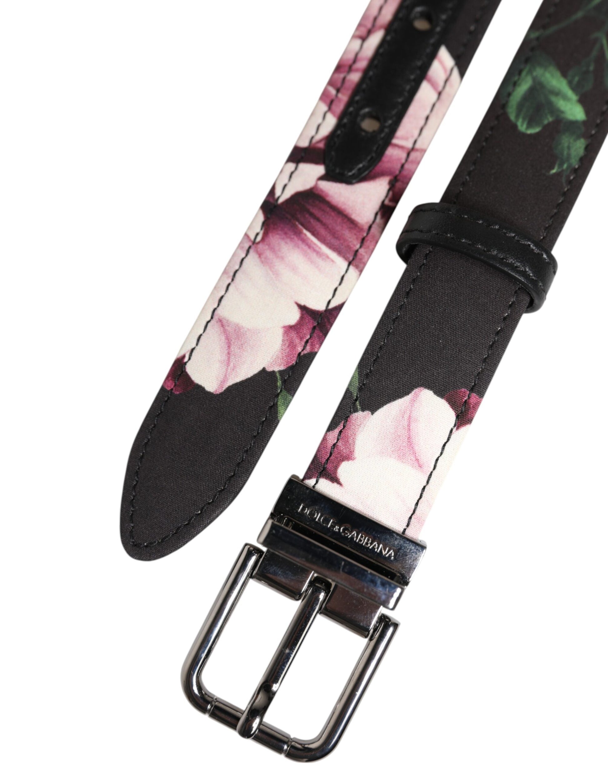Dolce &amp; Gabbana Schwarzer Brokatgürtel mit Blumenmuster und silberner Metallschnalle