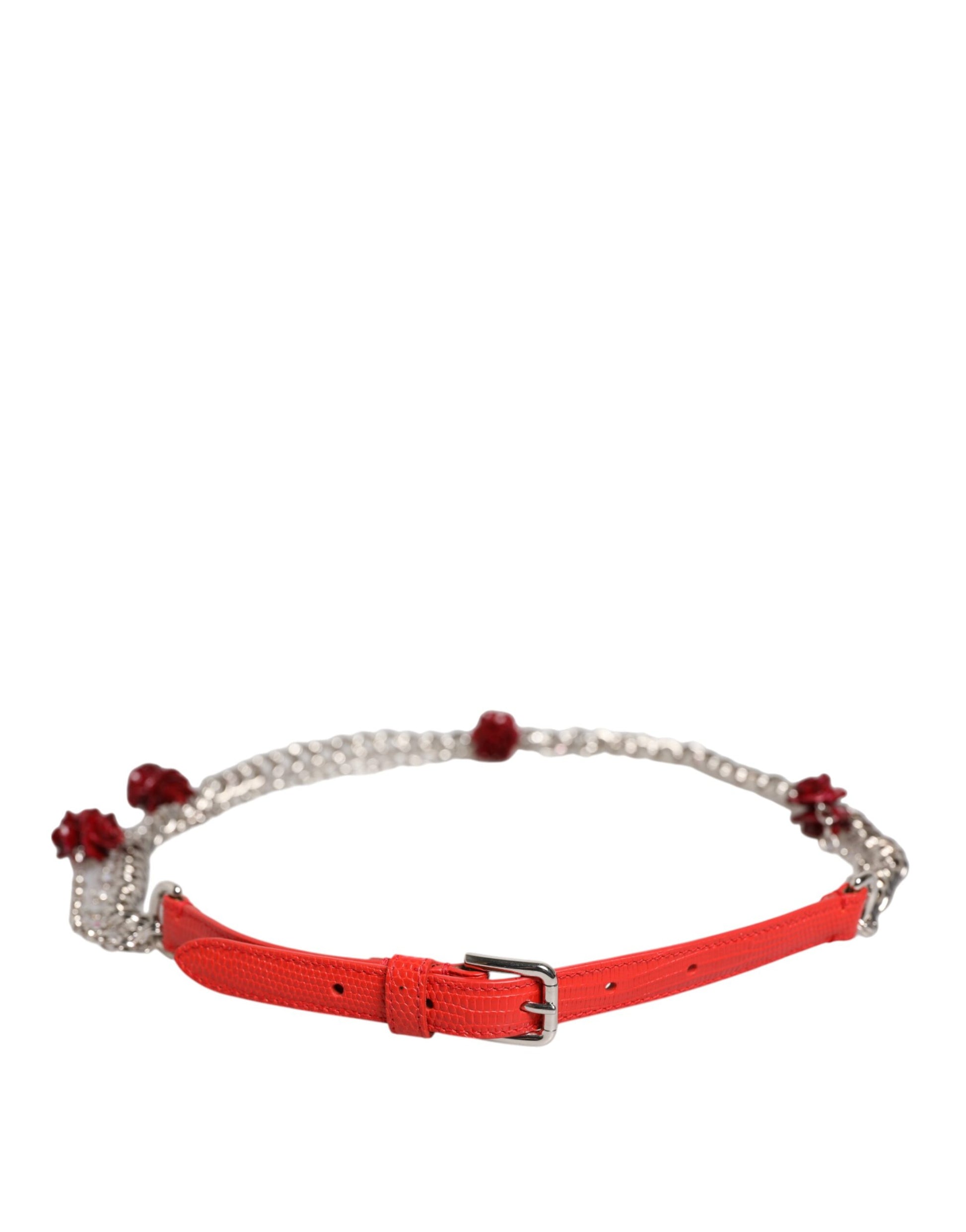 Dolce &amp; Gabbana Cintura-Gürtel aus rotem Leder mit silberner Kette und Blumenmuster