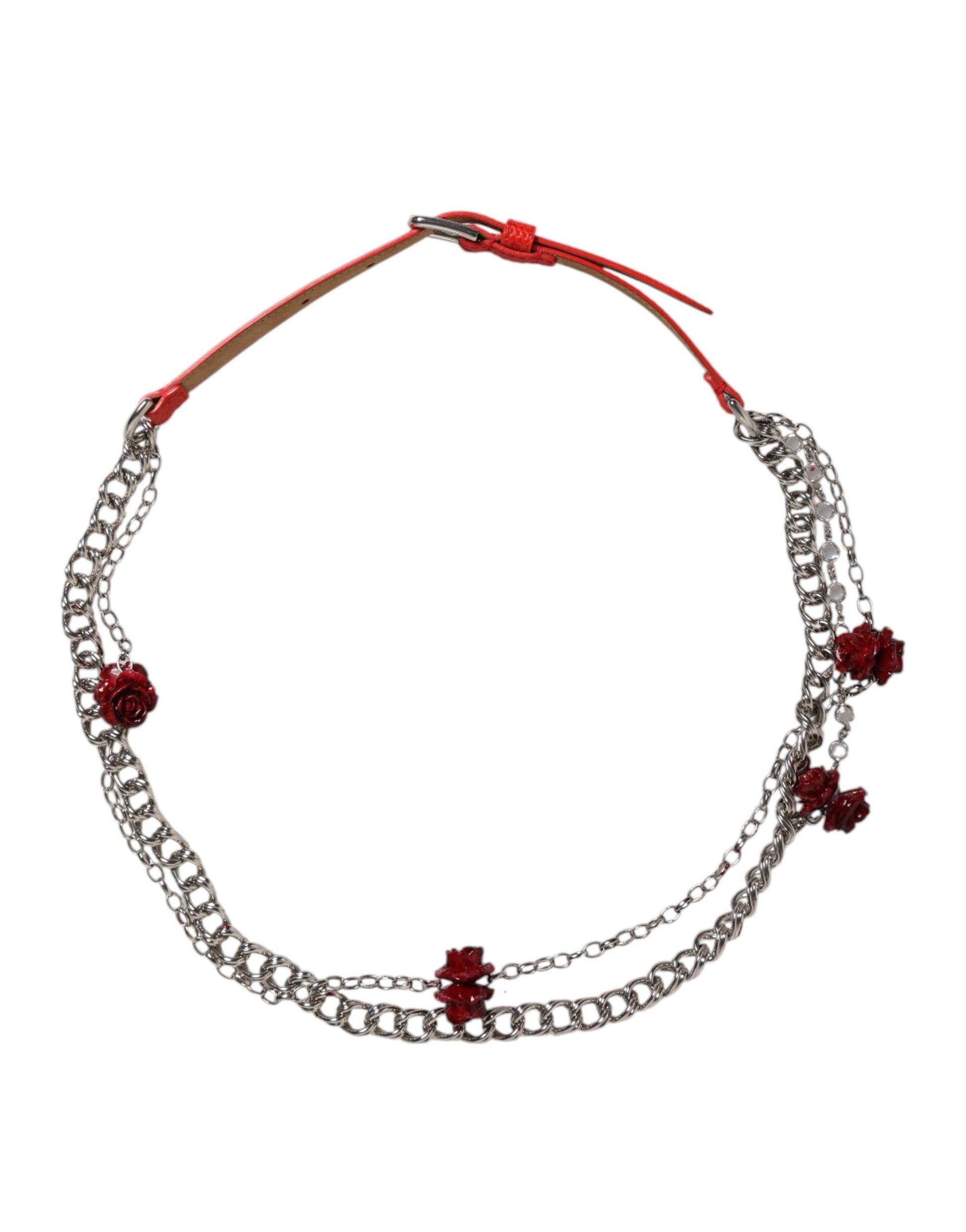 Dolce &amp; Gabbana Cintura-Gürtel aus rotem Leder mit silberner Kette und Blumenmuster