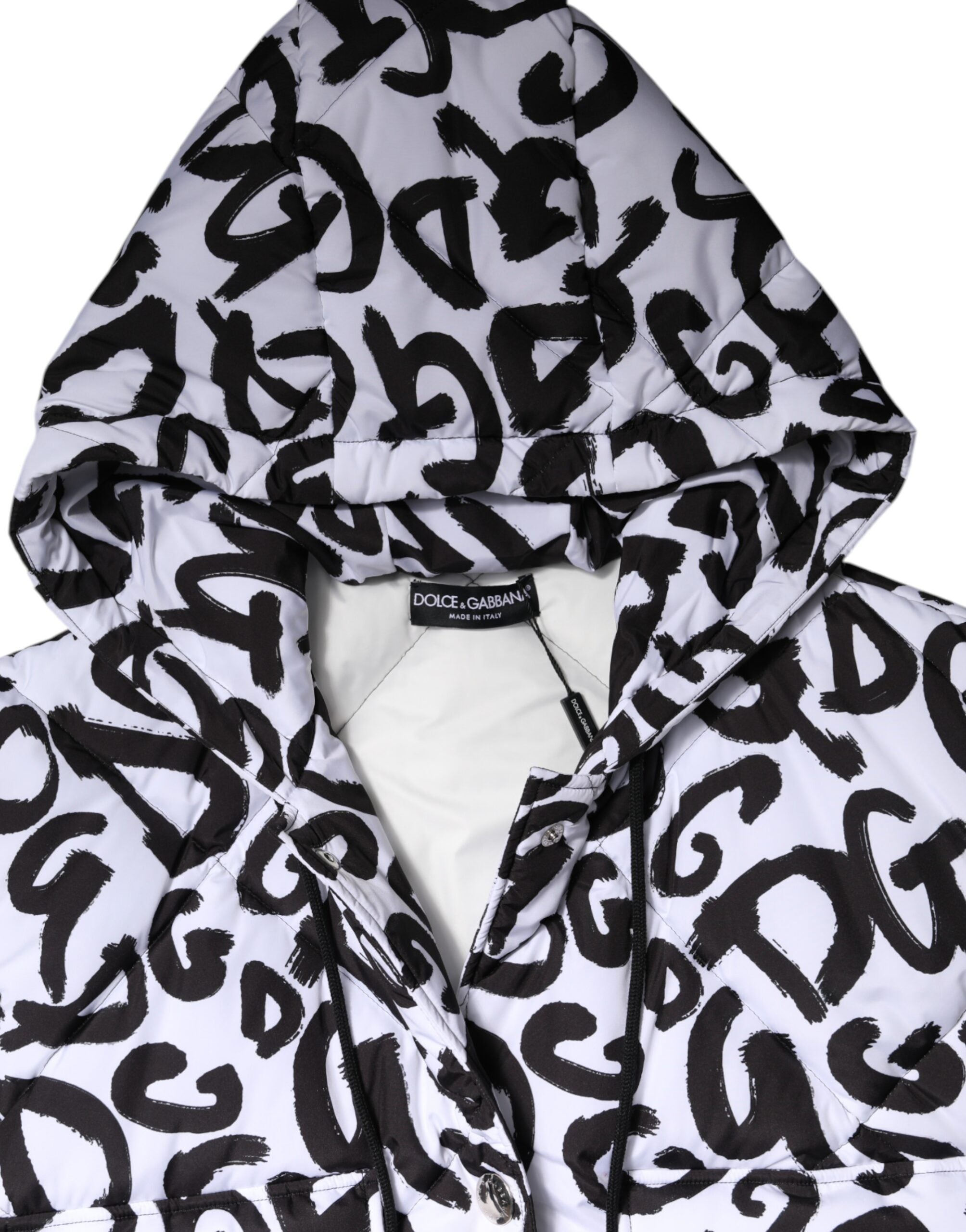 Dolce &amp; Gabbana – Weiße, ärmellose Pufferjacke „DG Mania“ mit Kapuze