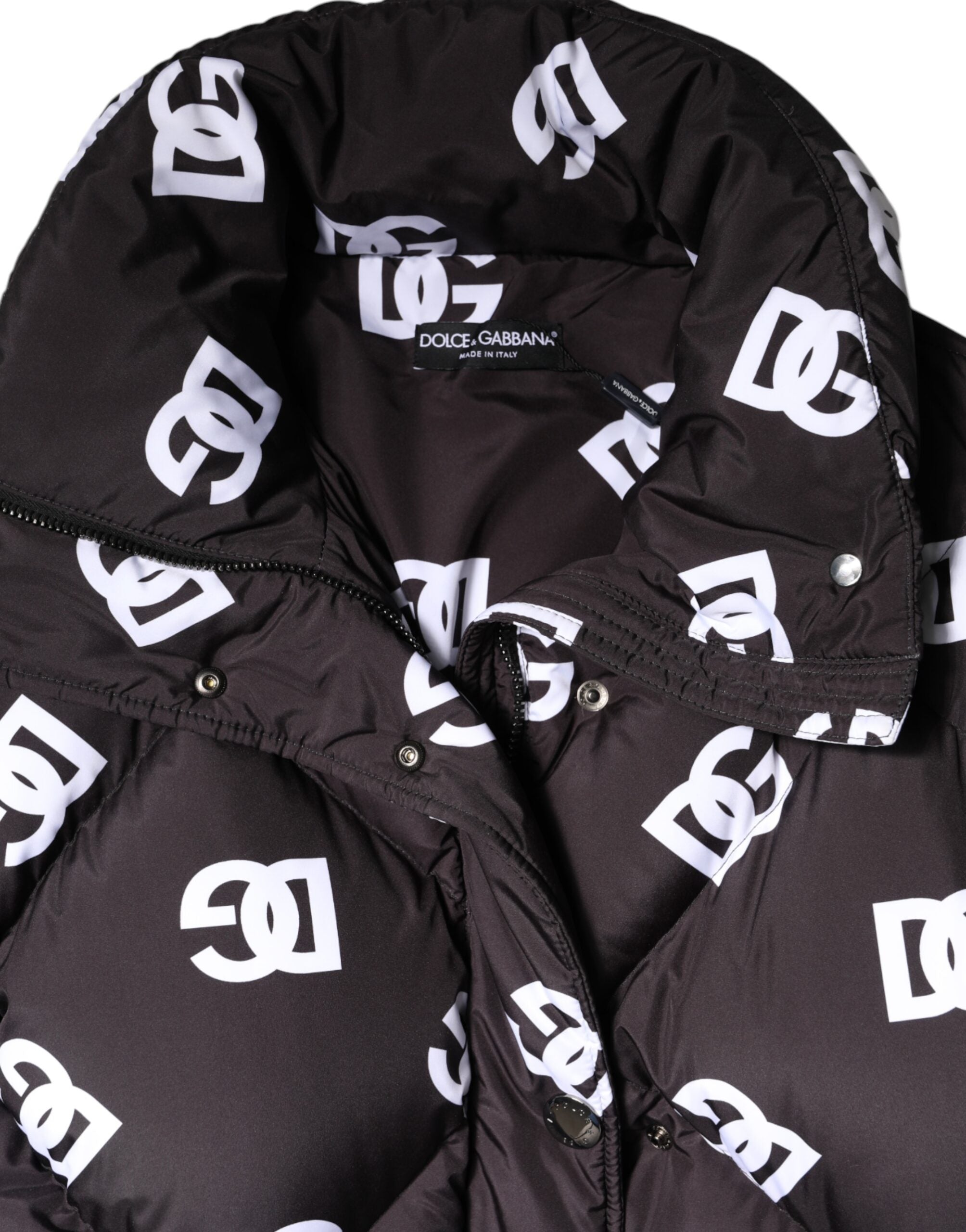 Dolce &amp; Gabbana – Schwarze, gesteppte DG Mania-Pufferjacke in Langmantelform