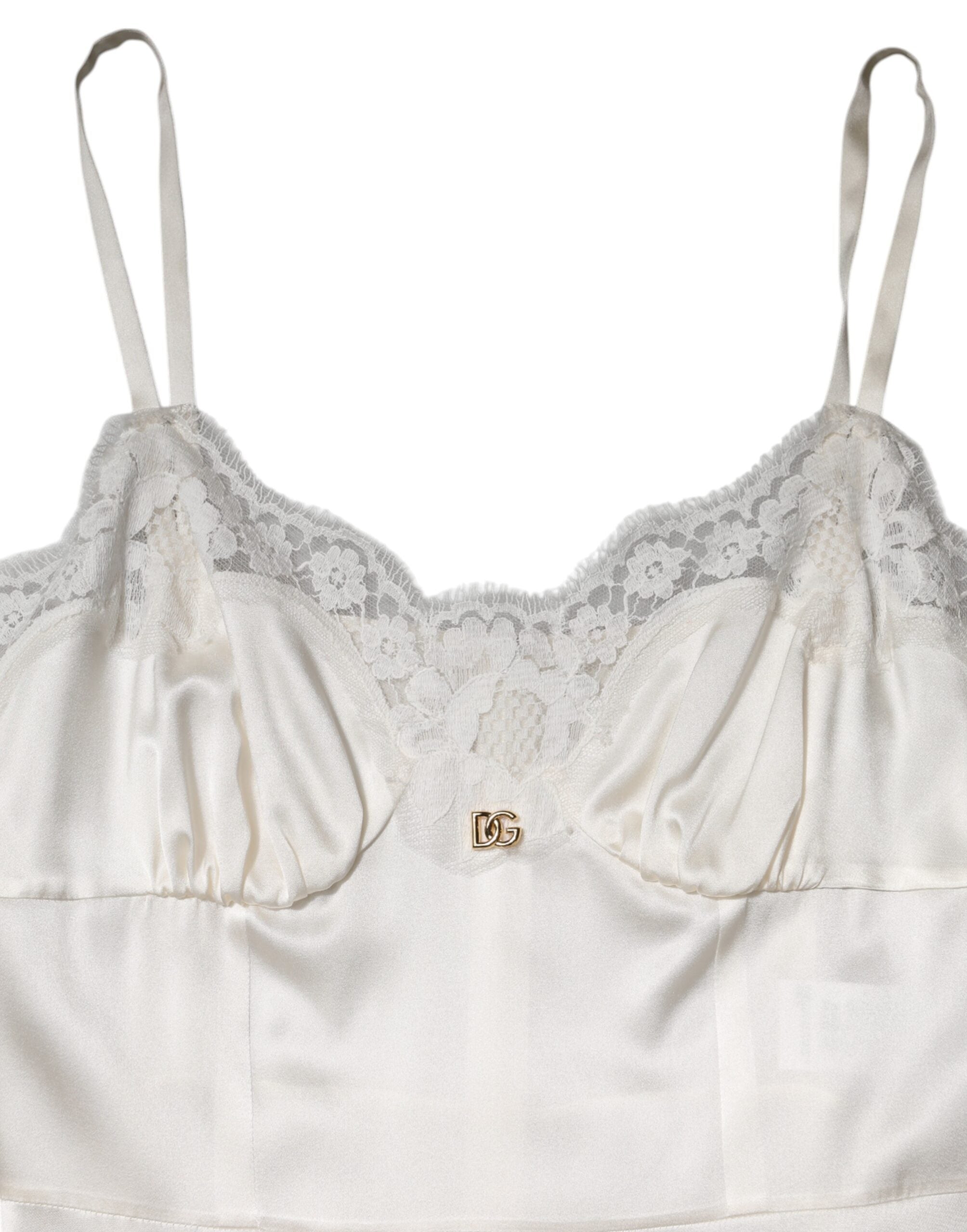 Robe de nuit en soie et dentelle blanche avec logo DG Dolce &amp; Gabbana