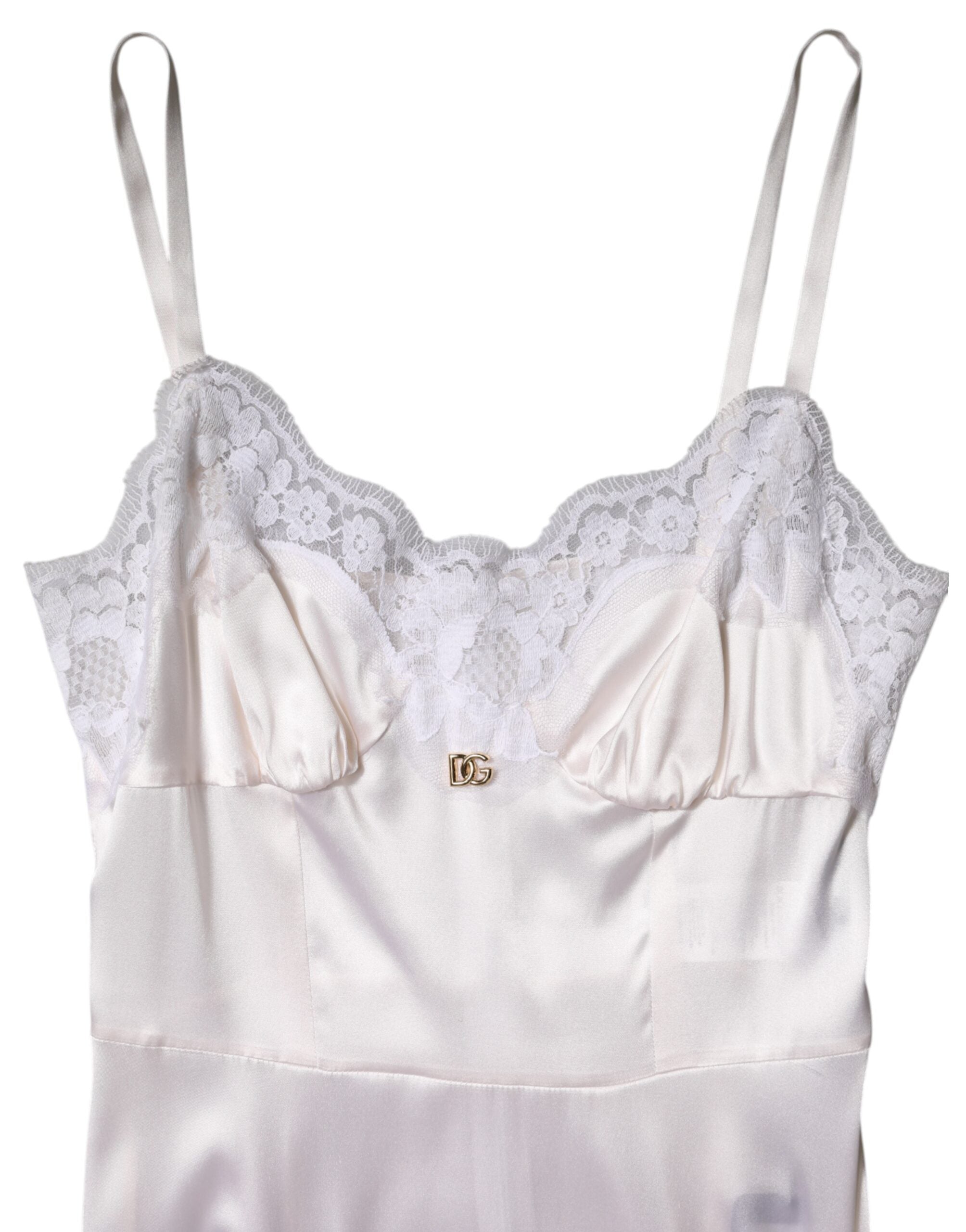 Robe de nuit en soie et dentelle blanche Dolce &amp; Gabbana avec logo DG doré