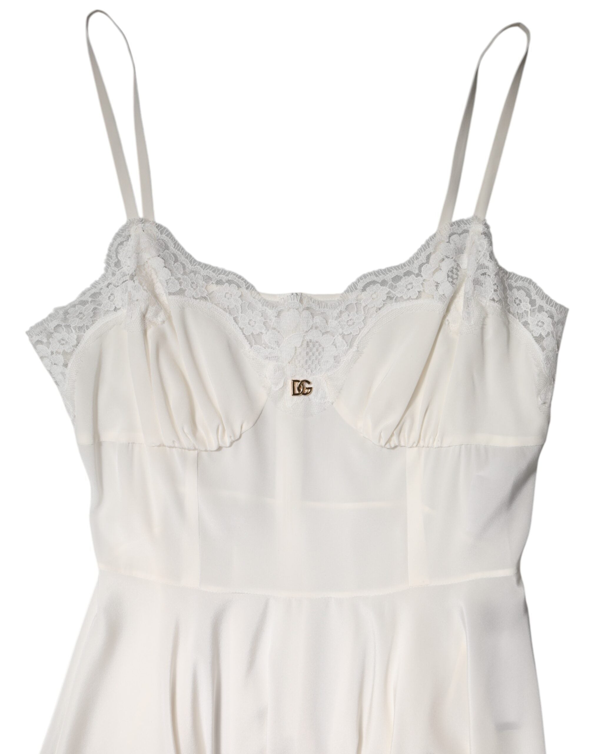 Robe de nuit en soie et dentelle blanche Dolce &amp; Gabbana avec logo DG doré