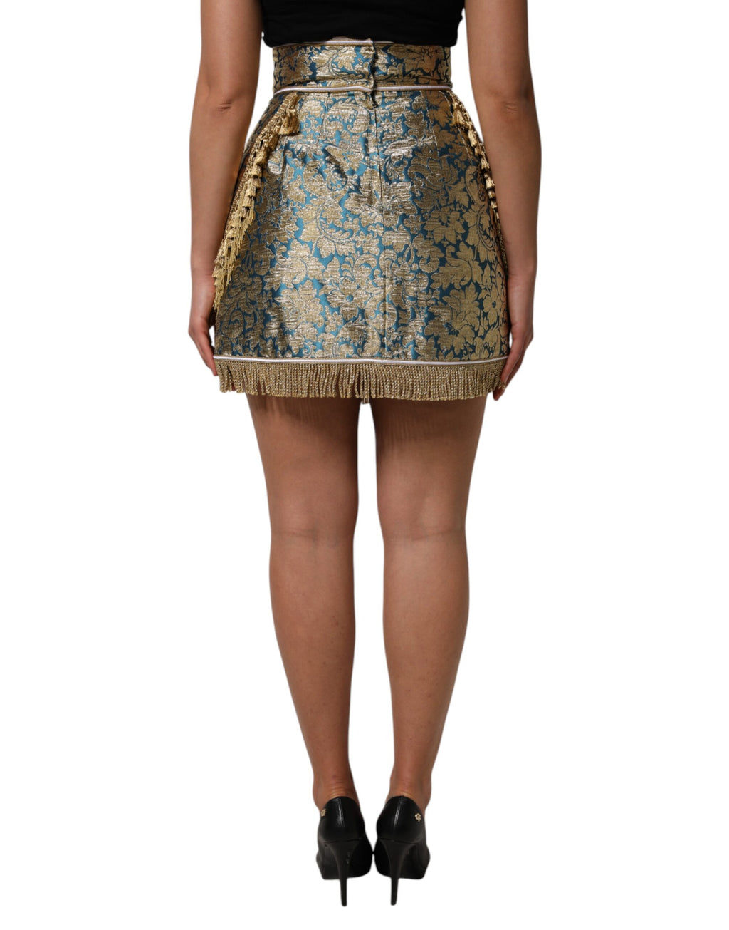 Mini-jupe à pompons en jacquard fleuri bleu Dolce &amp; Gabbana