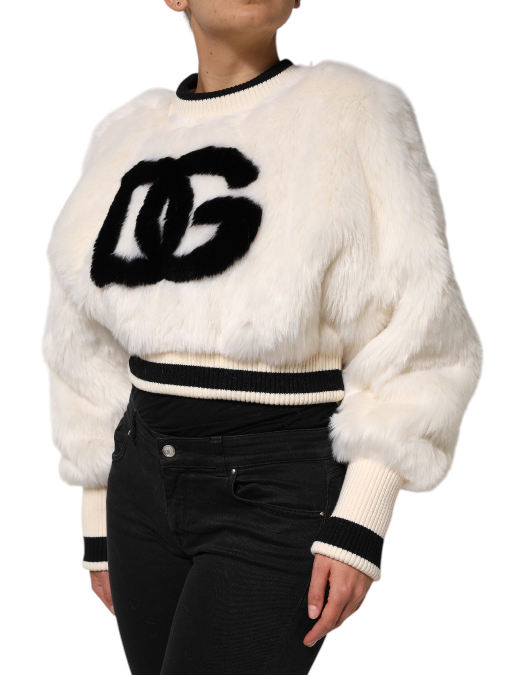 Dolce &amp; Gabbana – Weißes, kurzes Sweatshirt aus Kunstpelz DG
