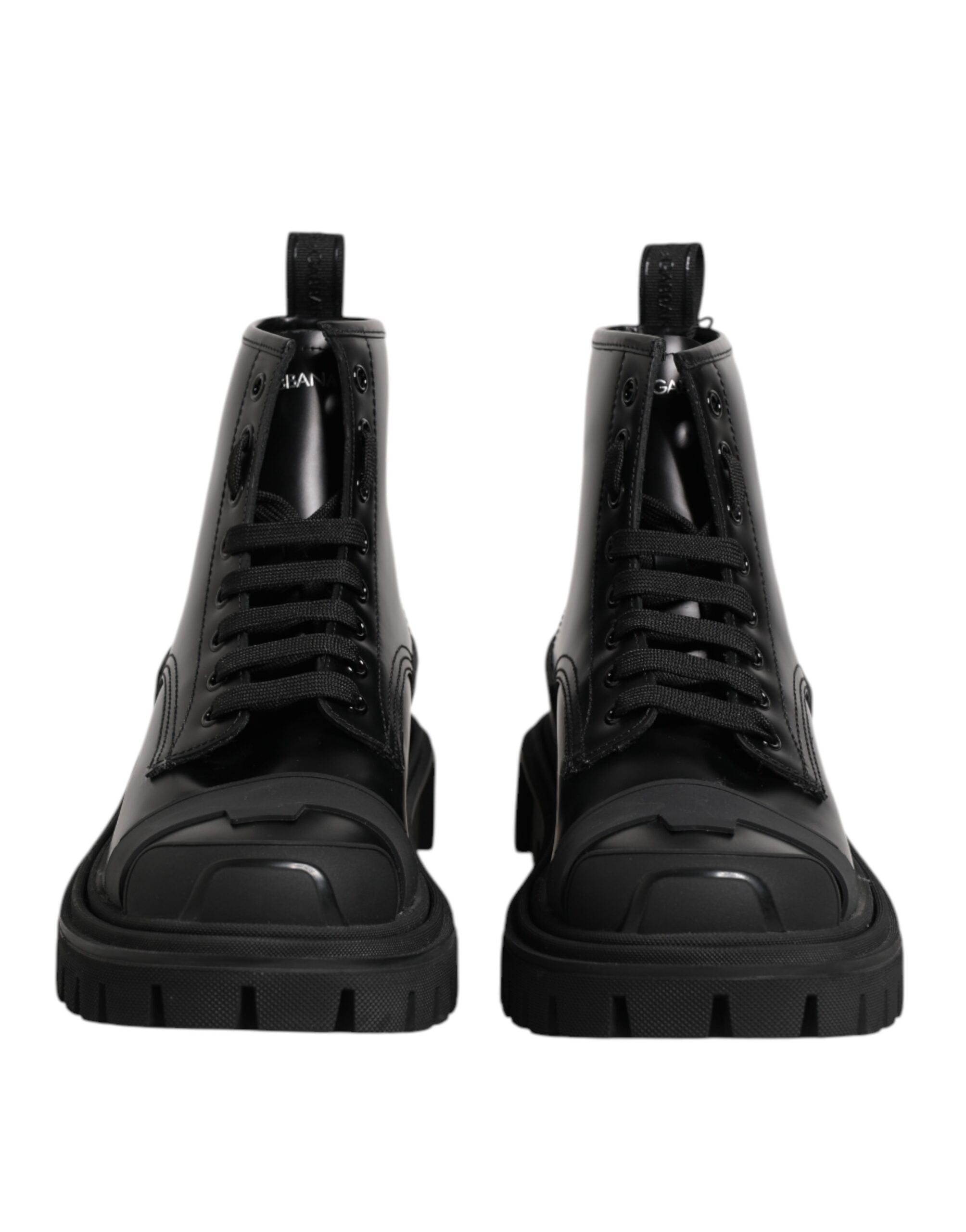 Dolce &amp; Gabbana – Schwarze, wadenhohe Schnürstiefel aus Leder