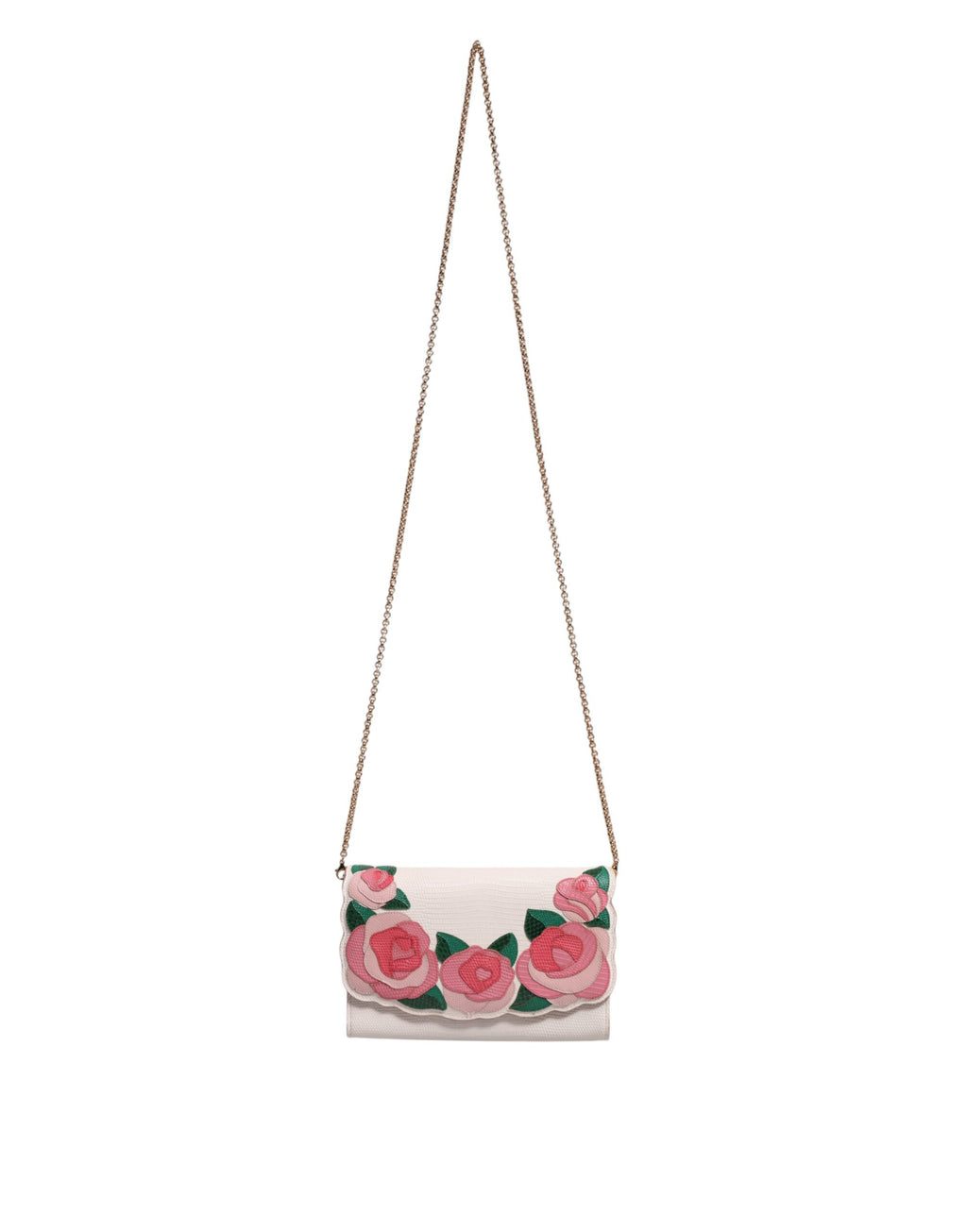 Dolce & Gabbana White Floral Leather Wallet Crossbody Gold Chain Bag