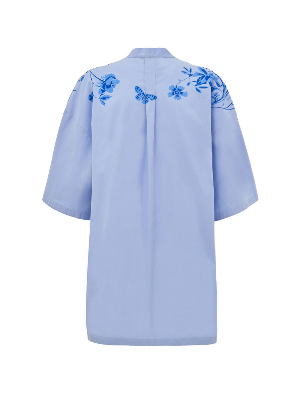Light Blue Cotton Poplin Kimono Shirt with Gucci Flower Print.