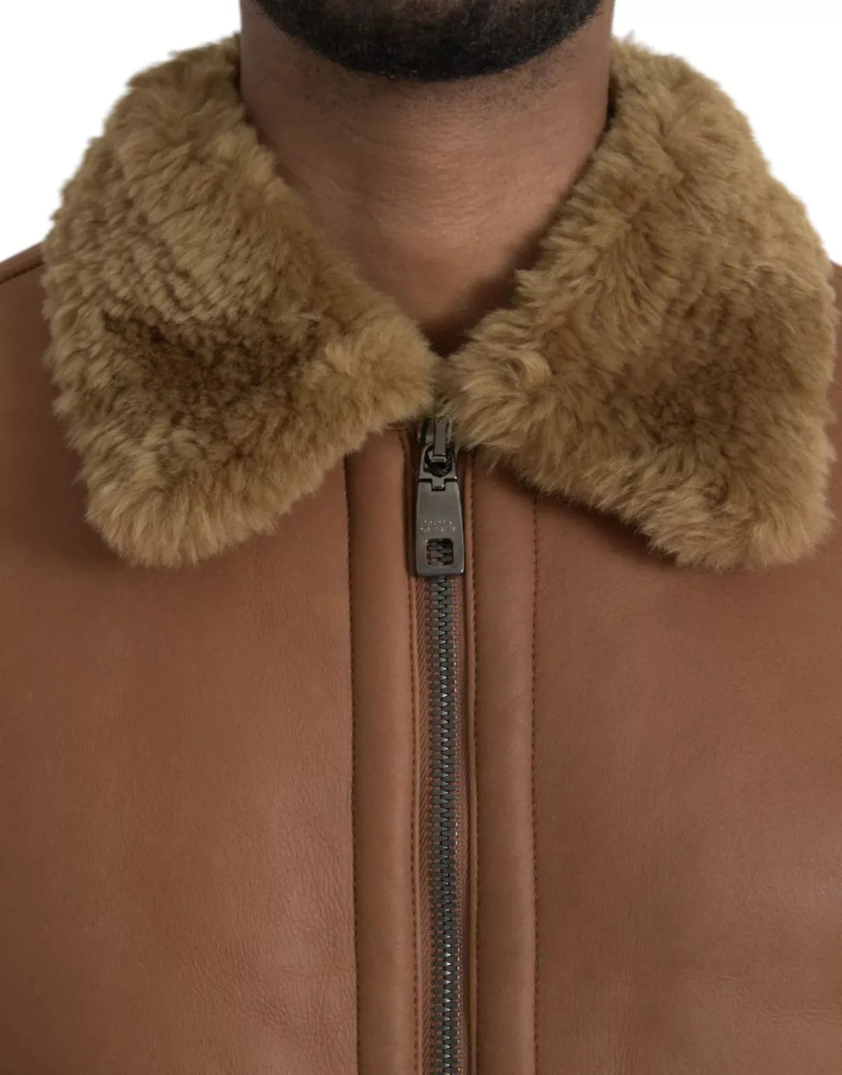 Dolce & Gabbana Brown Leather Fur Button Biker Coat Men's Jacket
