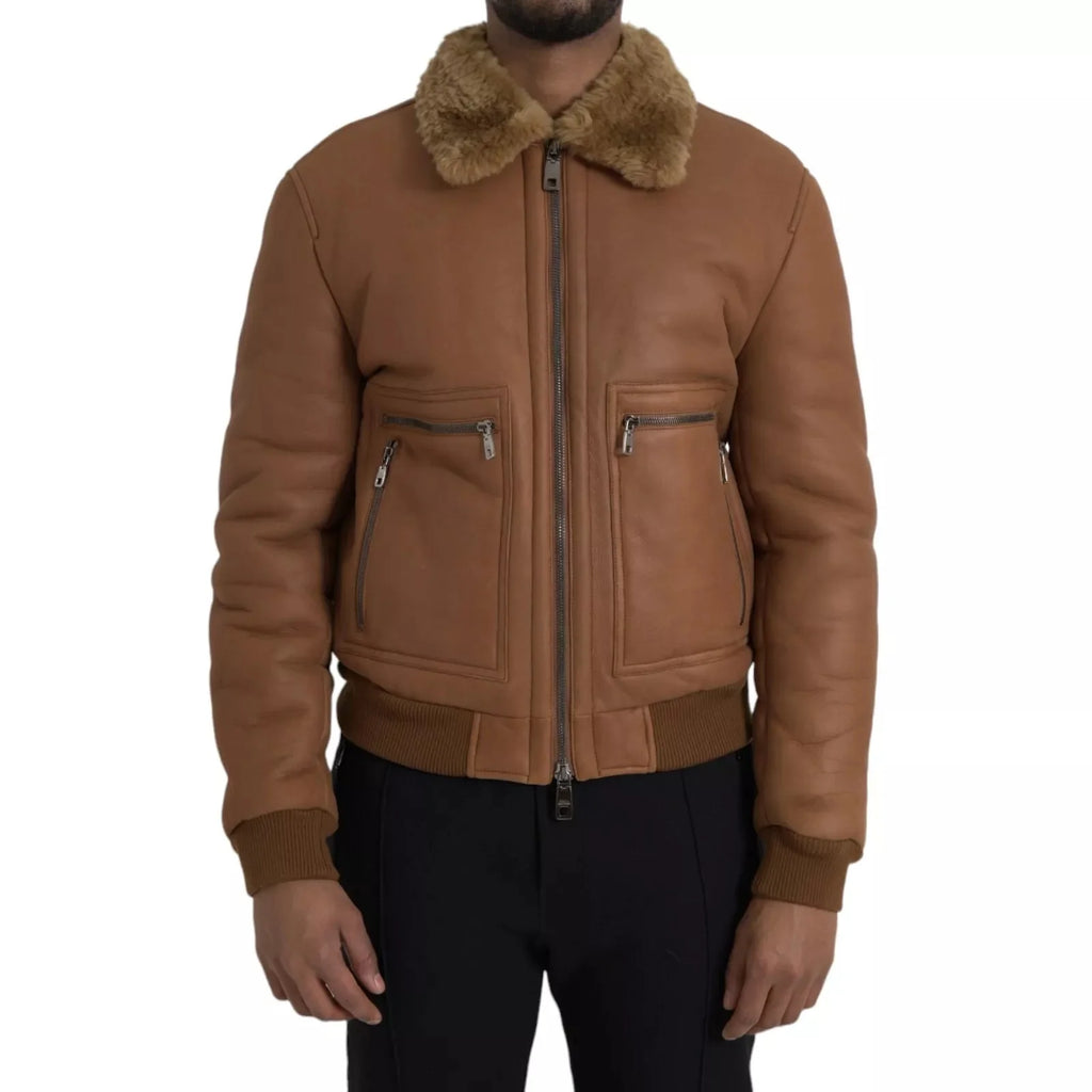 Dolce & Gabbana Brown Leather Fur Button Biker Coat Men's Jacket