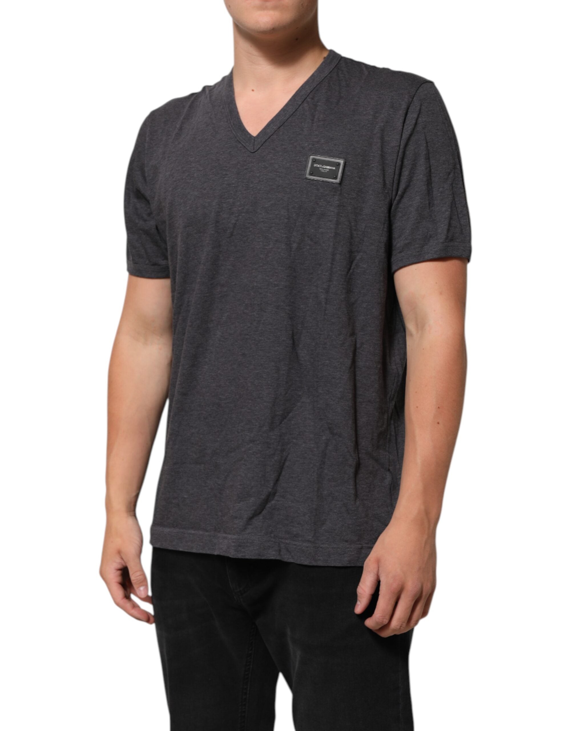 Dolce & Gabbana Grey Cotton V-Neck Logo Plaque Melange T-Shirt