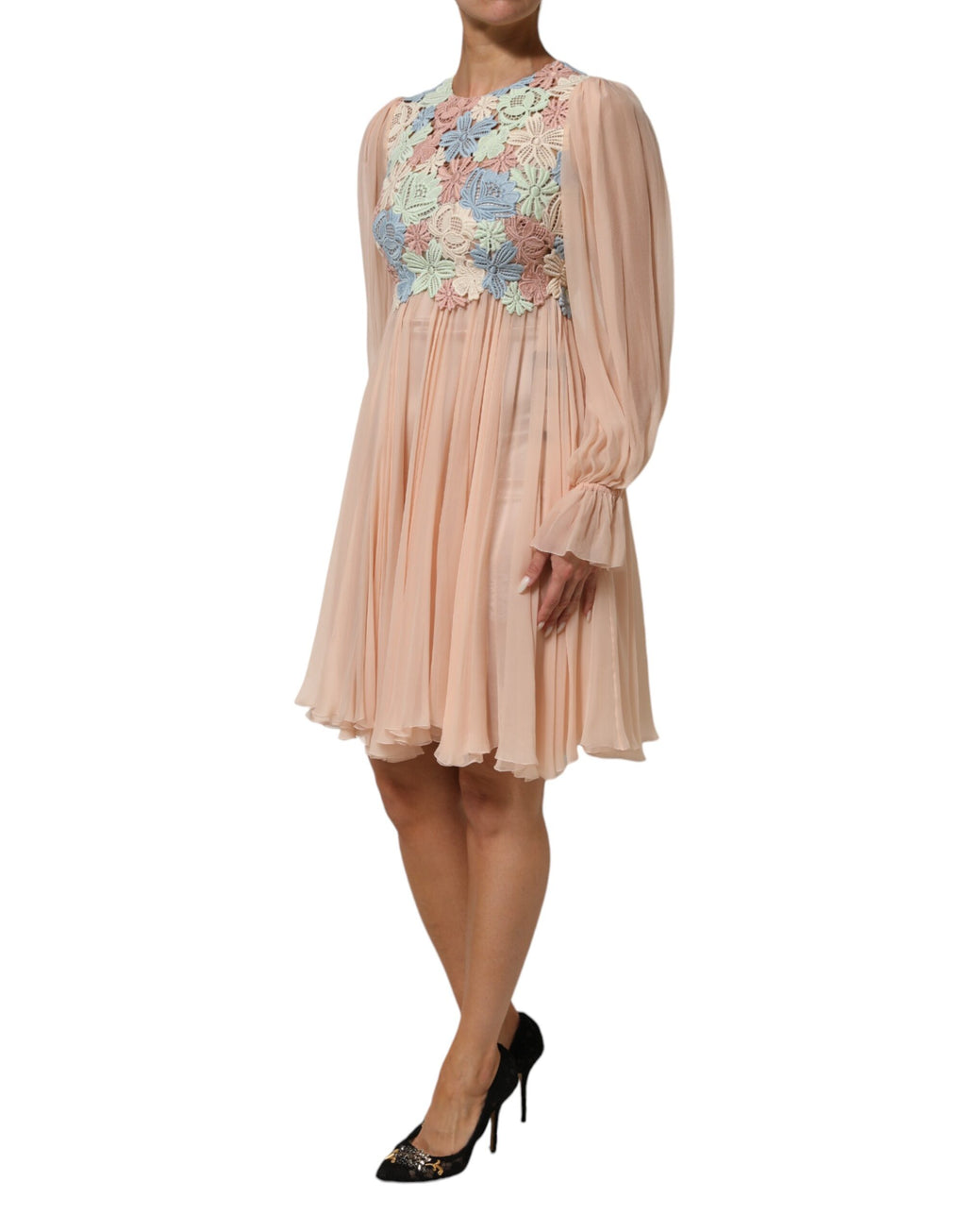 Robe trapèze plissée à broderies florales roses Dolce &amp; Gabbana