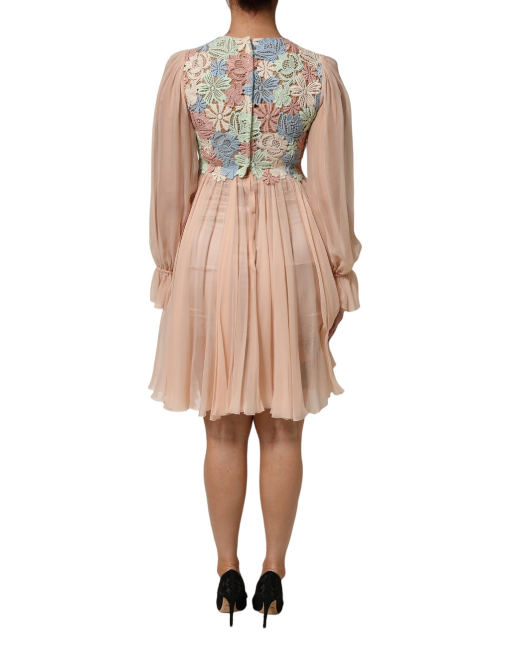 Robe trapèze plissée à broderies florales roses Dolce &amp; Gabbana