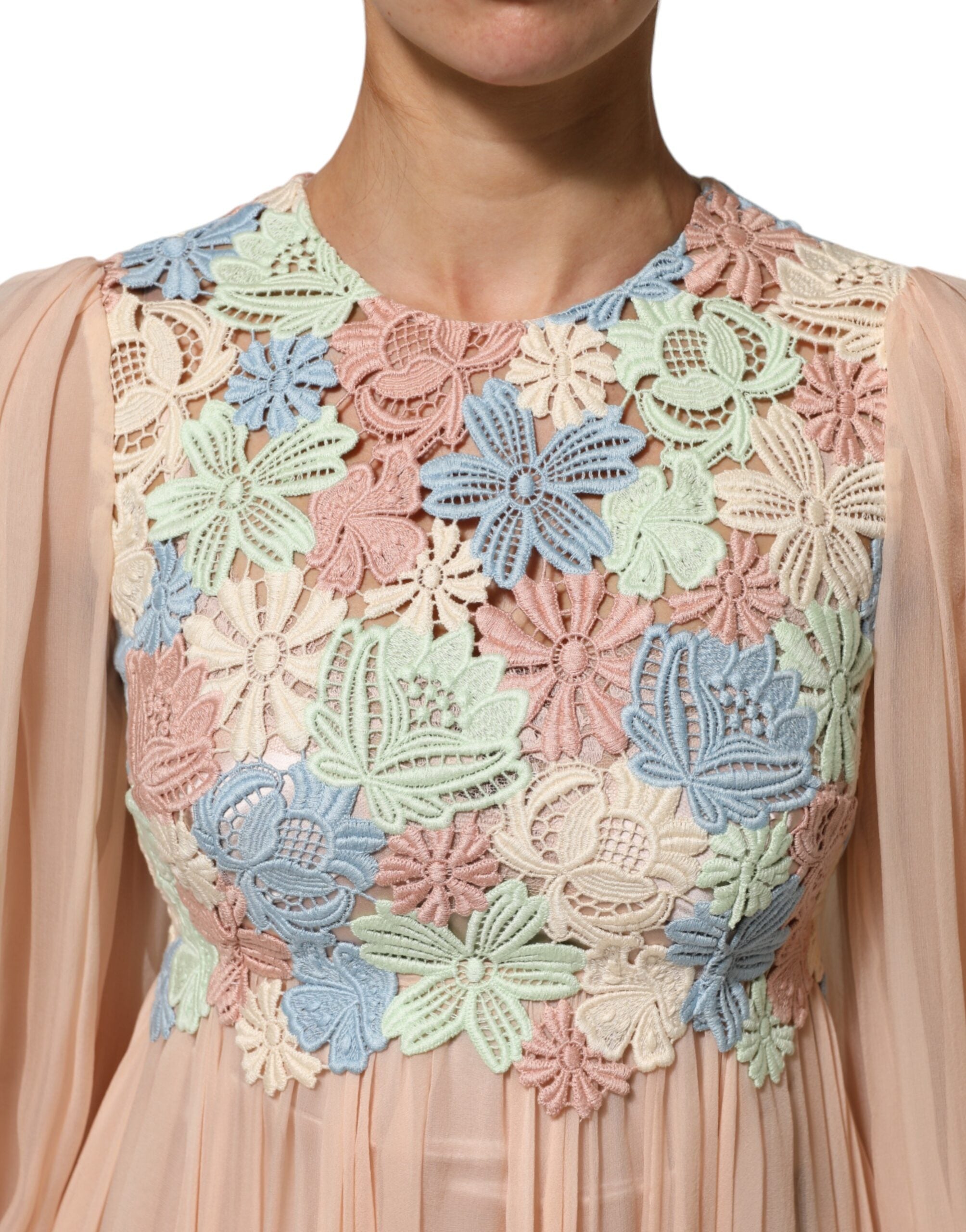 Robe trapèze plissée à broderies florales roses Dolce &amp; Gabbana