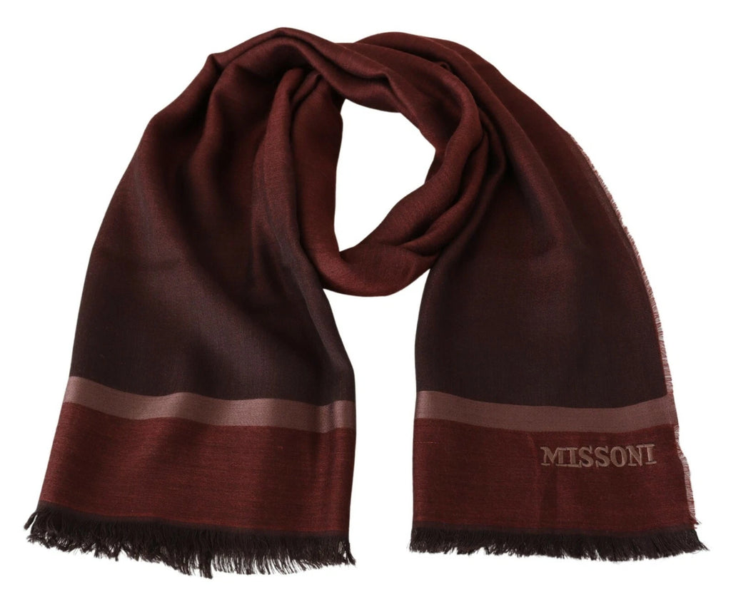 M Missoni Maroon Striped Wool Blend Unisex Wrap Fringes Scarf