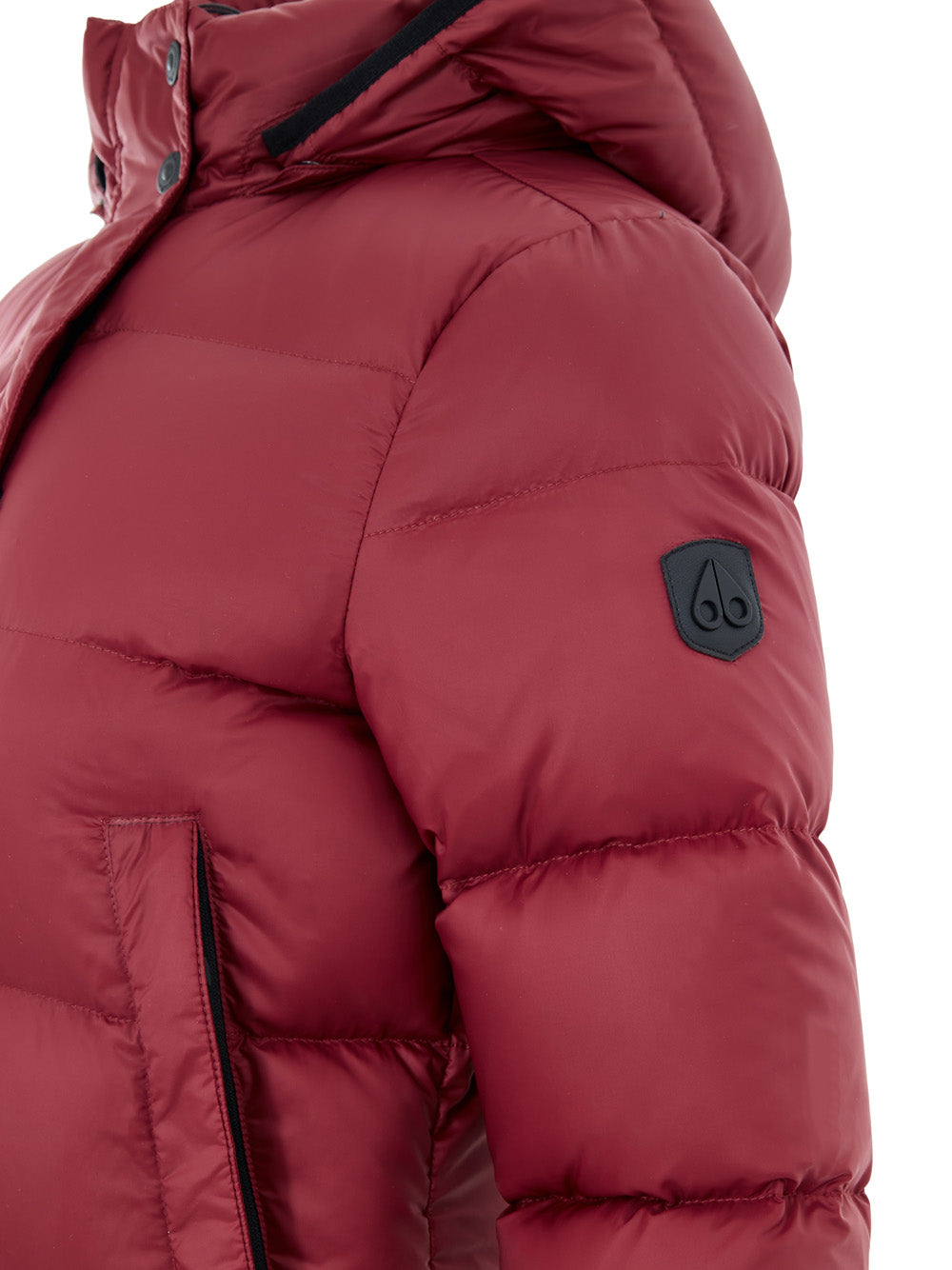 Moose Knuckles Long Down Jacket with Hood in Bordeaux