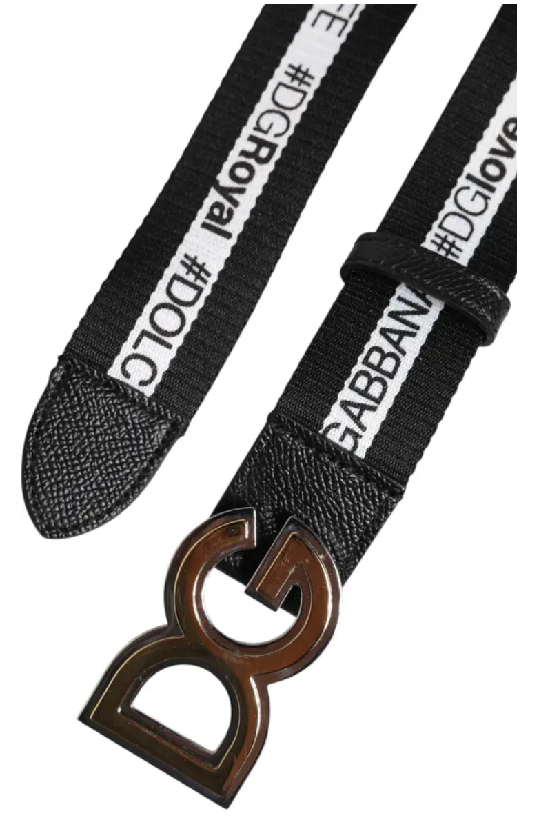 Dolce & Gabbana  Black Cotton Metal DG Logo Gold Buckle Belt