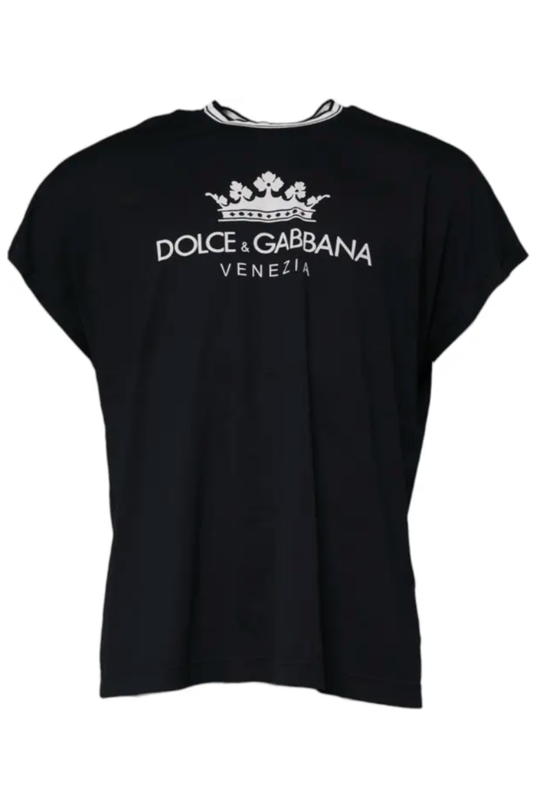 Dolce & Gabbana Dark Blue Logo Crown Cotton Crew Neck T-shirt