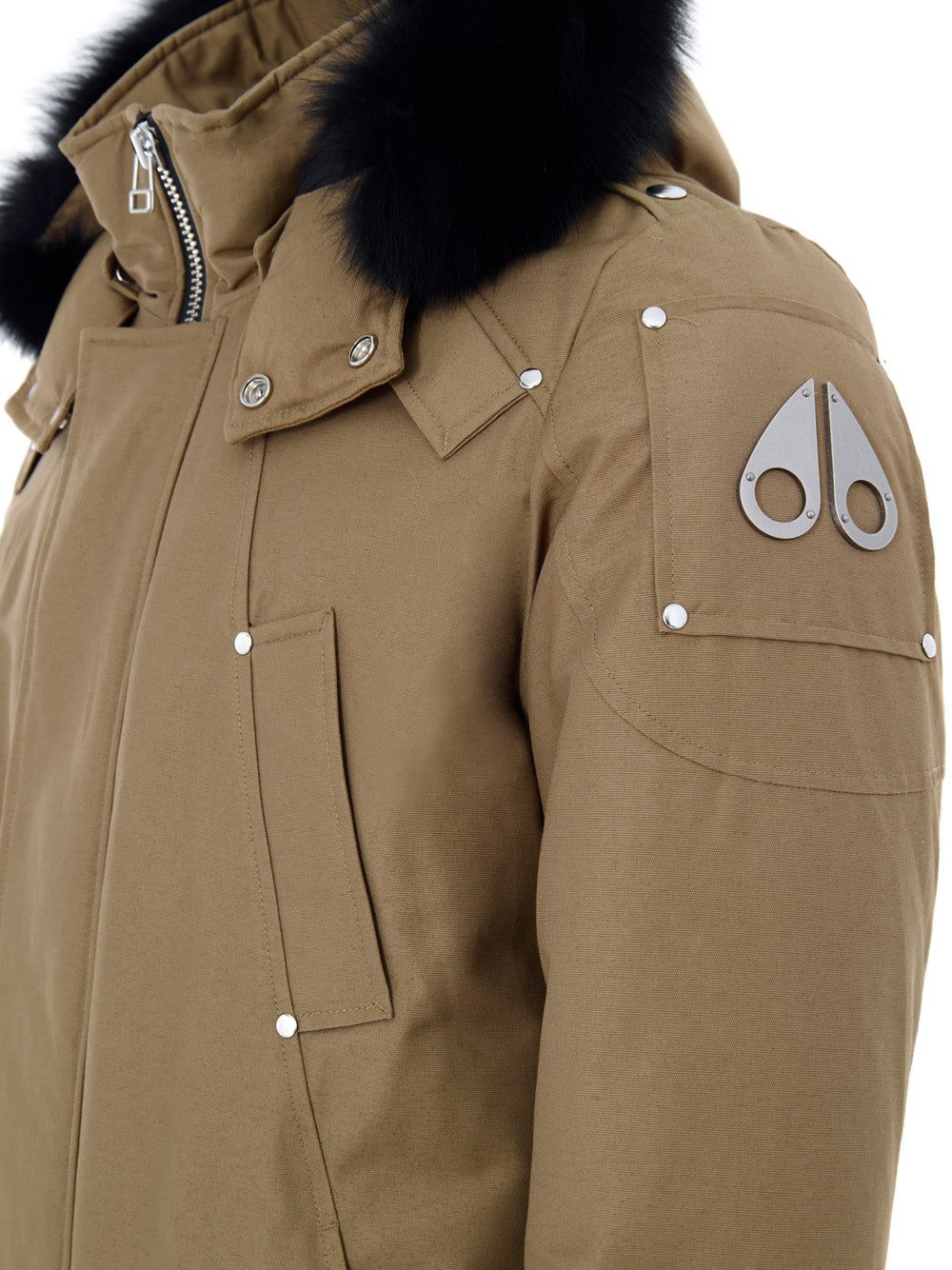 Beige Moose Knuckles Long Fabric Jacket with Hood and Fur