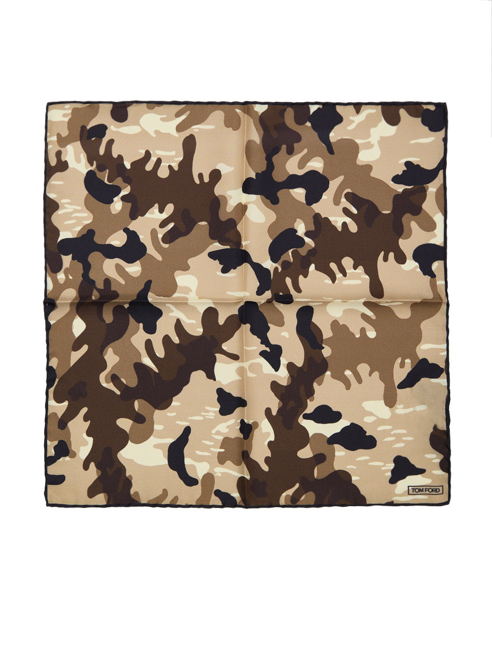 Tom Ford Beige Camouflage Print Silk Pocket Square