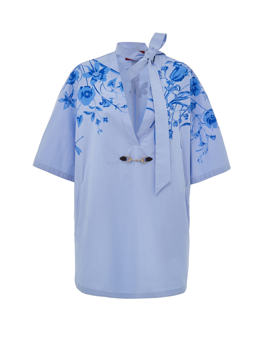 Light Blue Cotton Poplin Kimono Shirt with Gucci Flower Print.