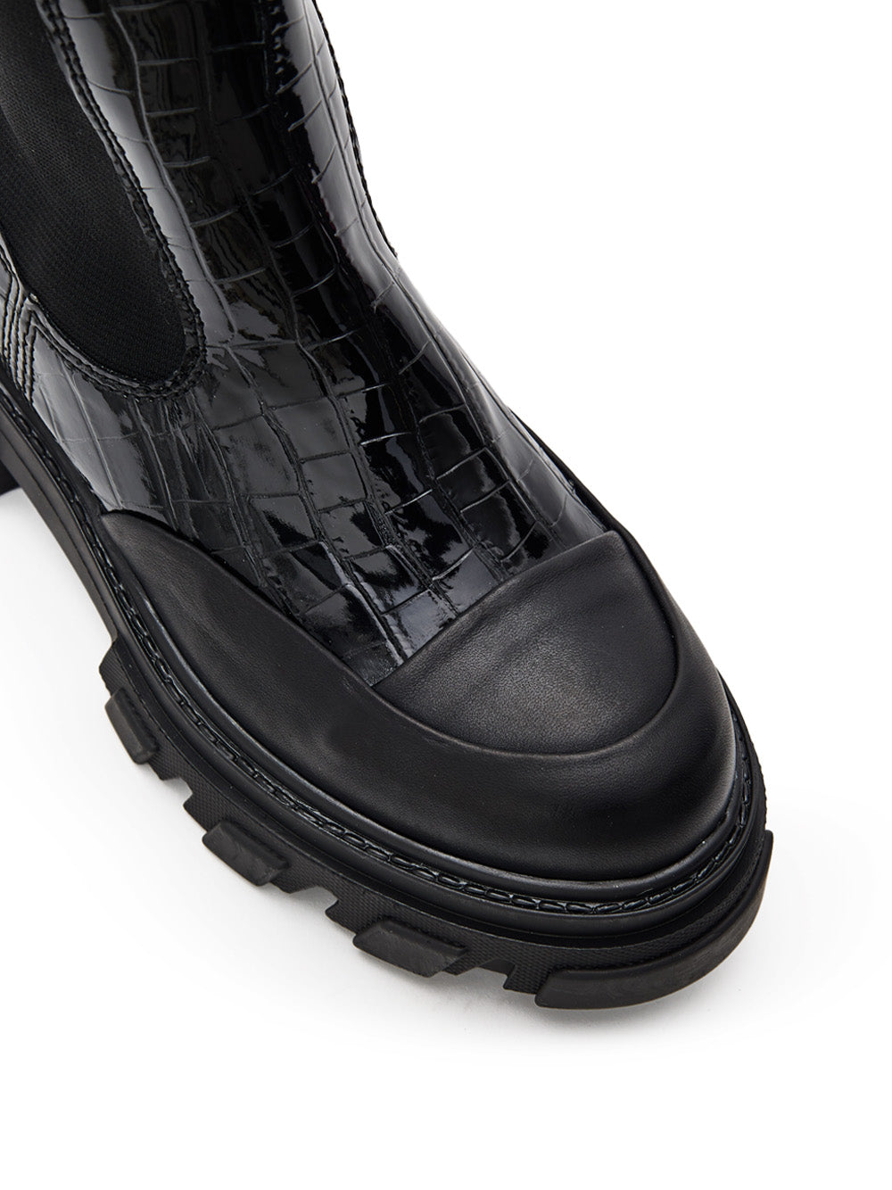 Black Knee-High Chelsea Boots with Crocodile Effect