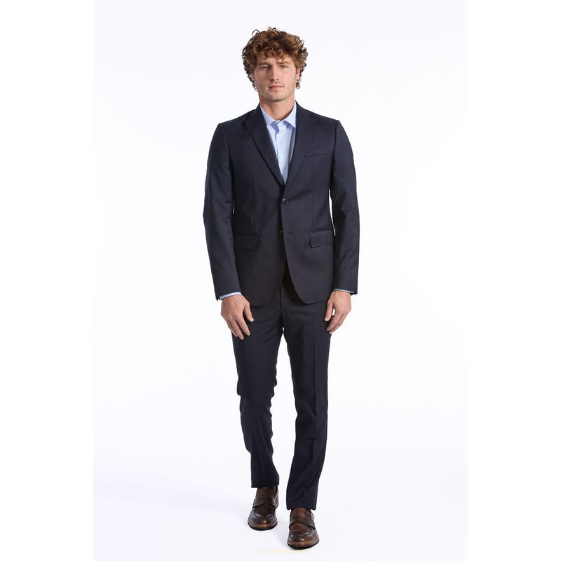 Man wearing Baldinini blue wool suit with slim fit design and classic light blue dress shirt