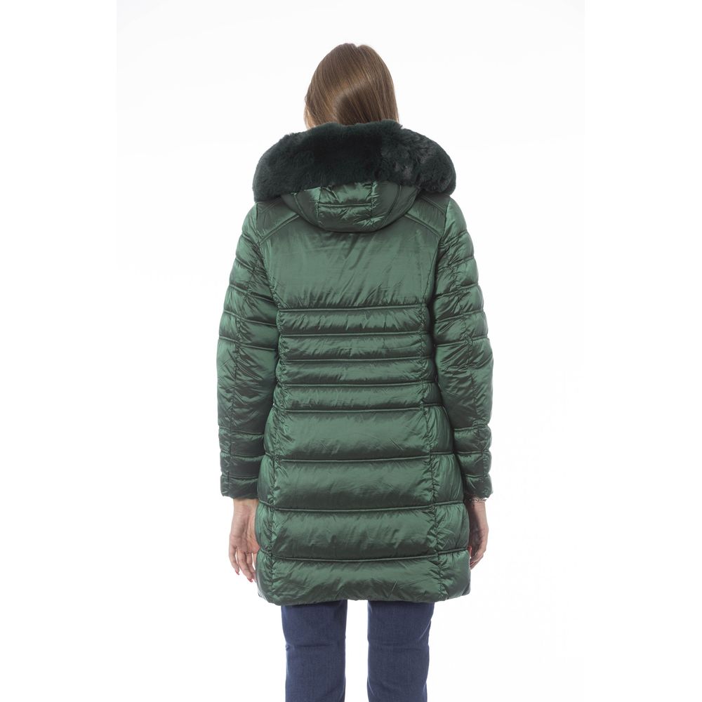 Baldinini green winter jacket with padded quilted design and fur-trimmed hood shown from the back