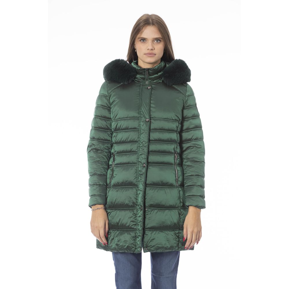 Baldinini green winter jacket with quilted design and fur-trimmed hood for cold weather