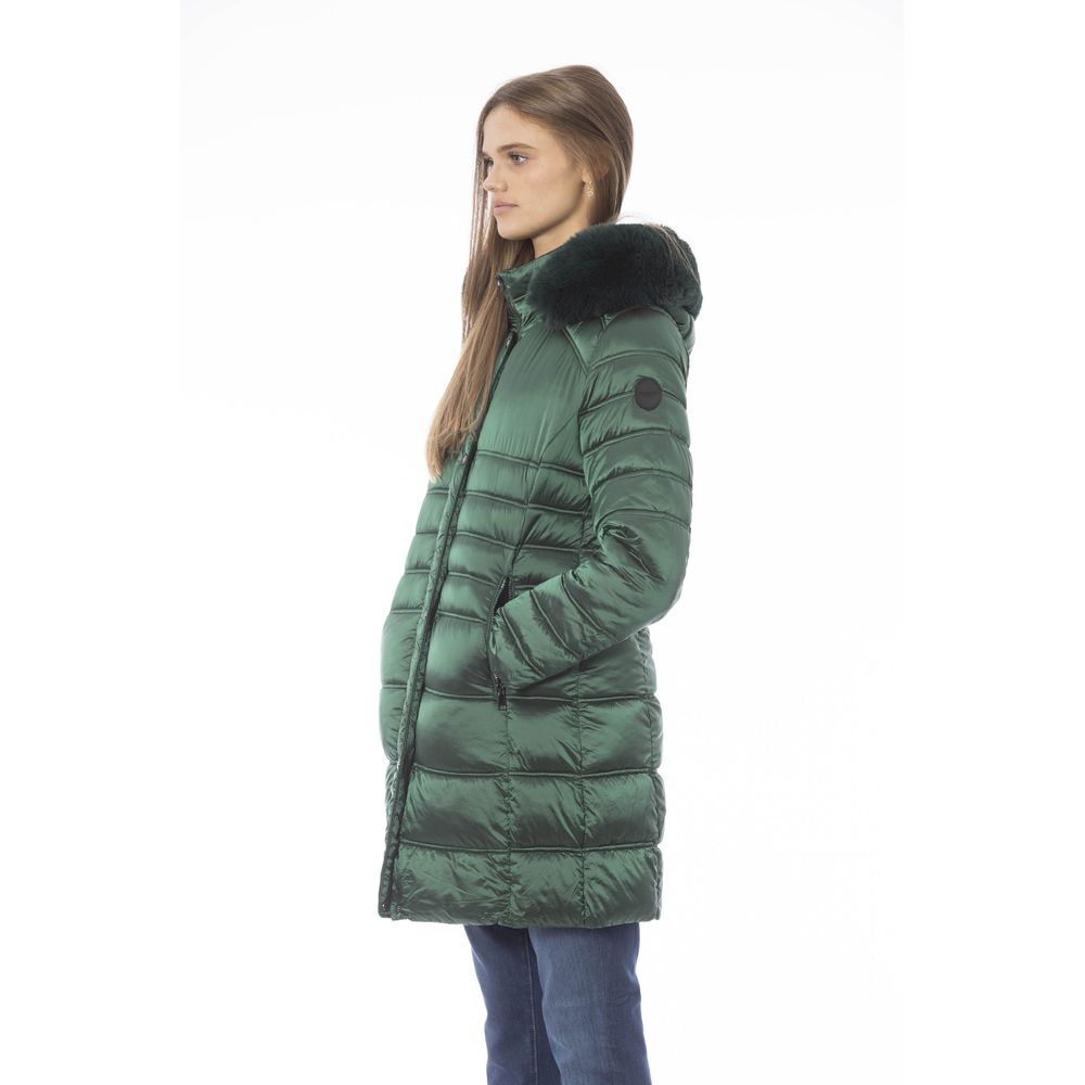 Baldinini green winter jacket with quilted design and fur-lined hood worn by a woman