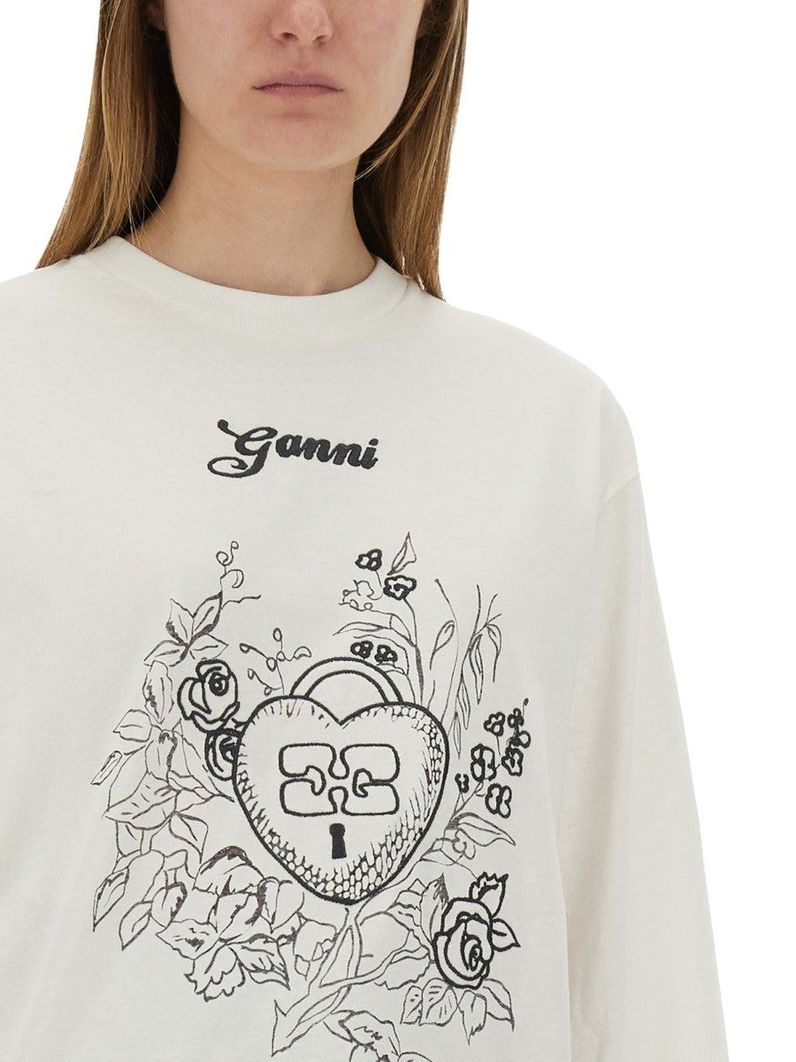 GANNI COTTON EMBROIDERED T-SHIRT