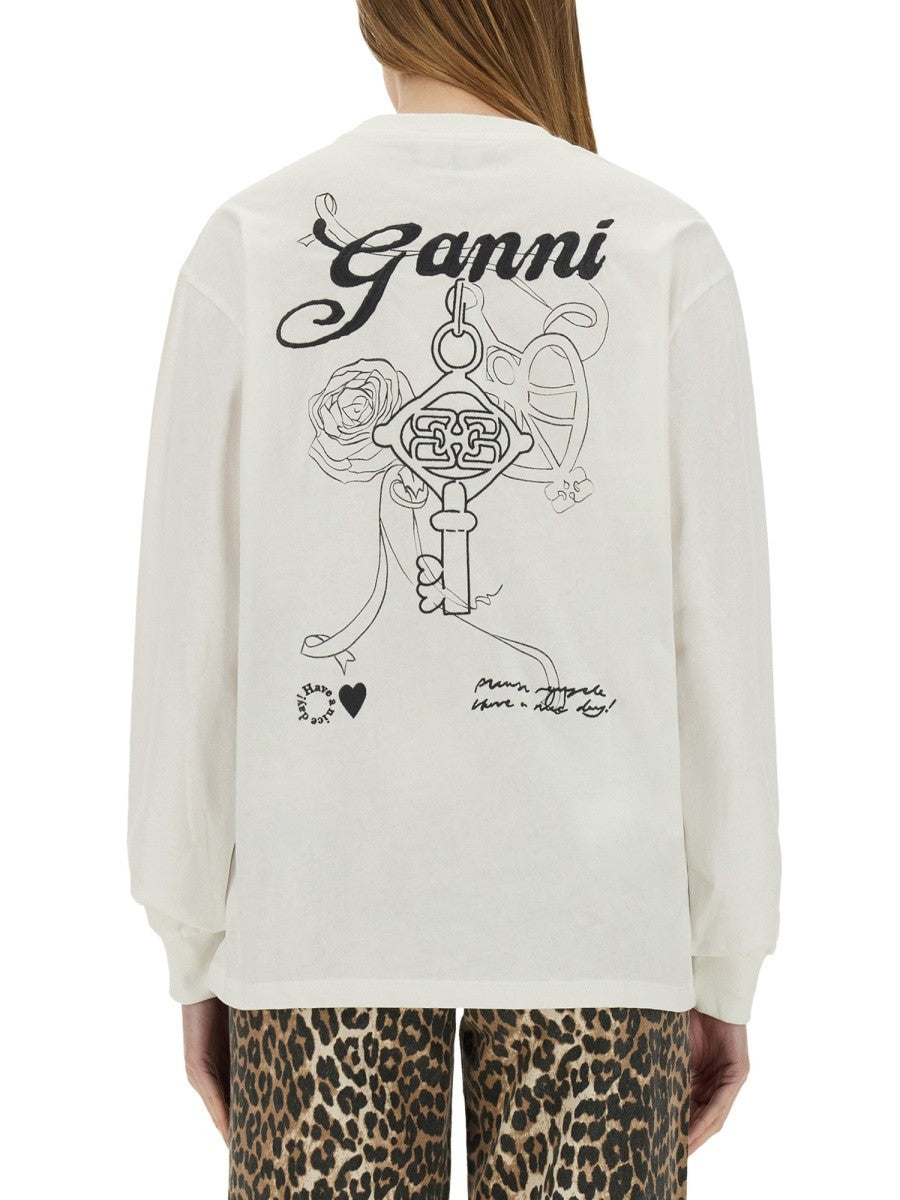 GANNI COTTON EMBROIDERED T-SHIRT