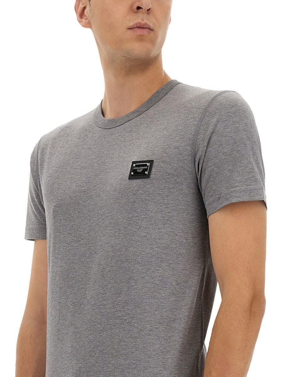 Dolce & Gabbana COTTON T-SHIRT WITH LOGO PLAQUE