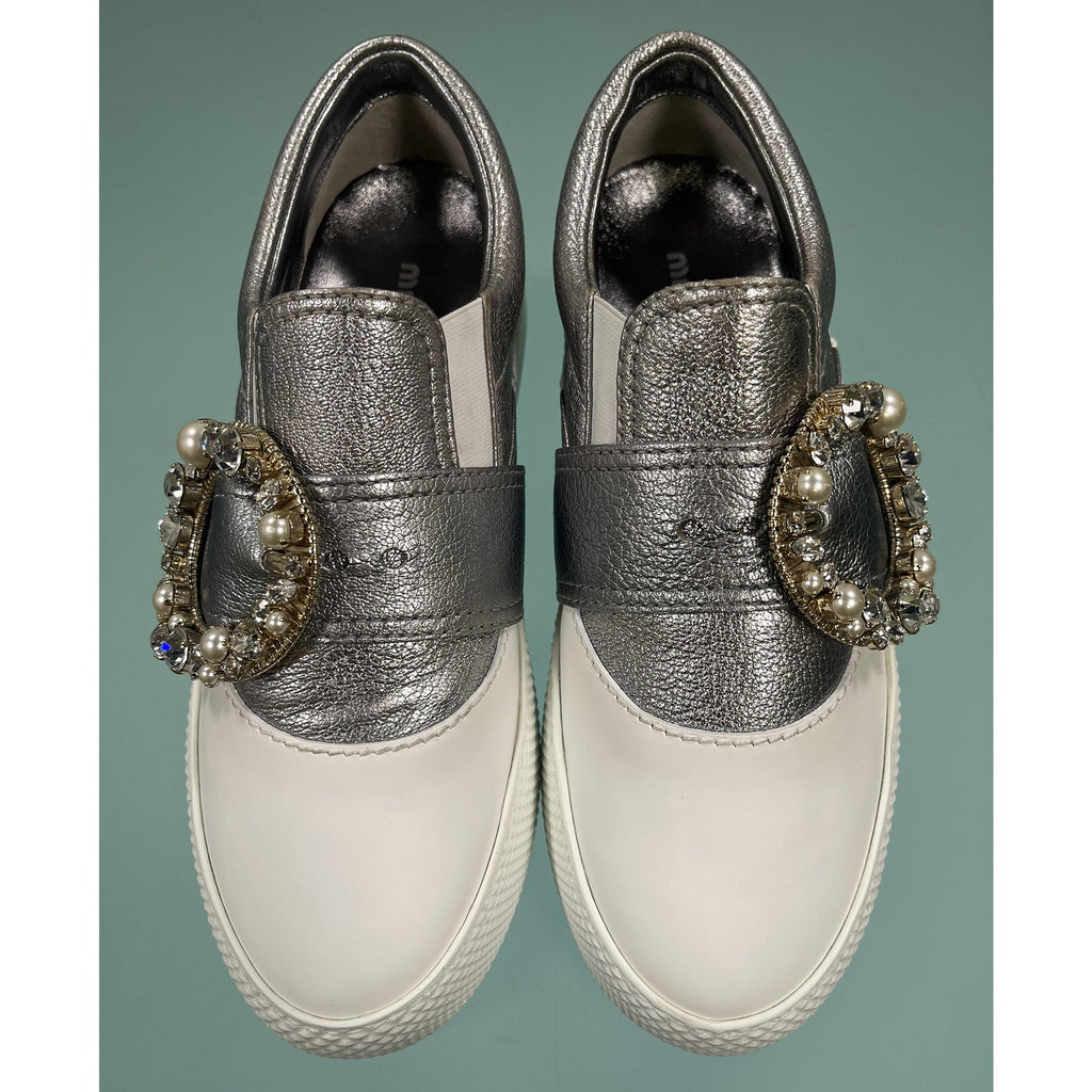 Miu Miu Leather Crystal Sneakers - WOMEN SHOES - MIU MIU - Tluxy New