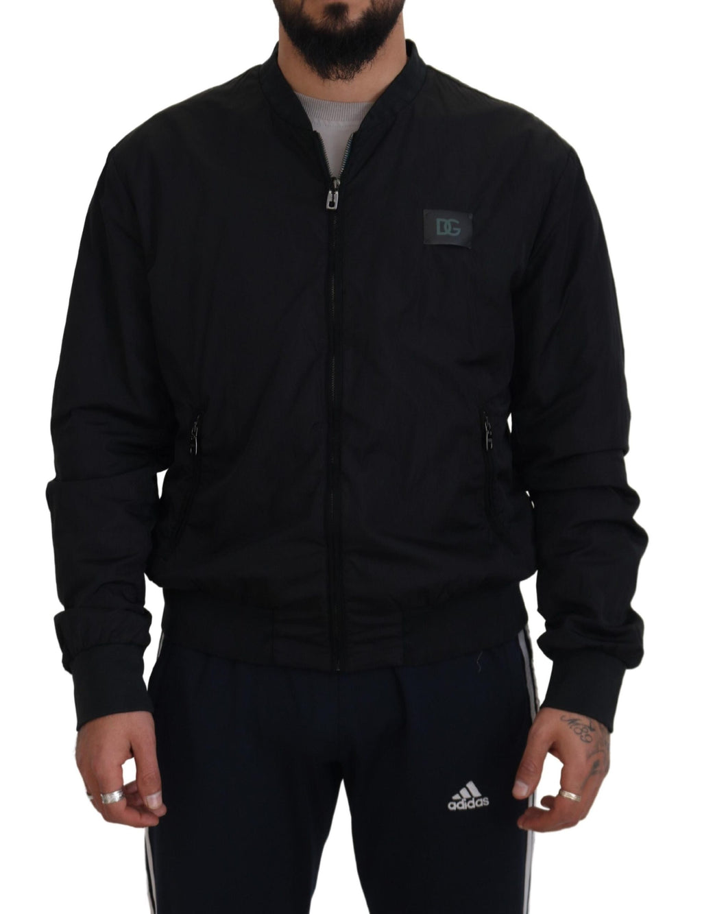 Dolce & Gabbana black bomber jacket with front zipper and logo patch on chest