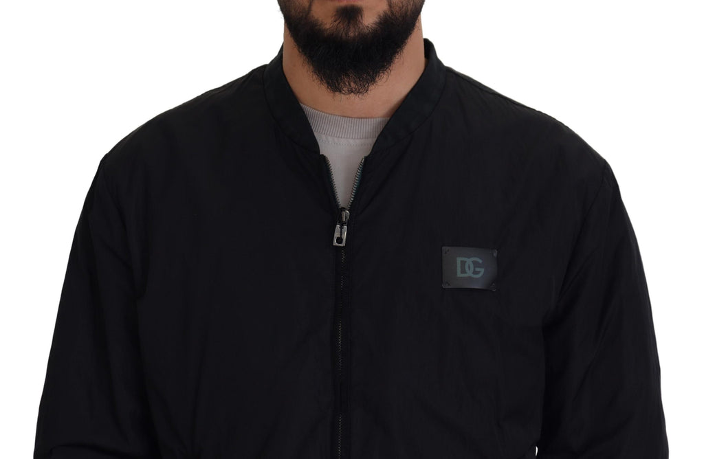 Dolce & Gabbana black bomber jacket with front zipper and DG logo patch on chest