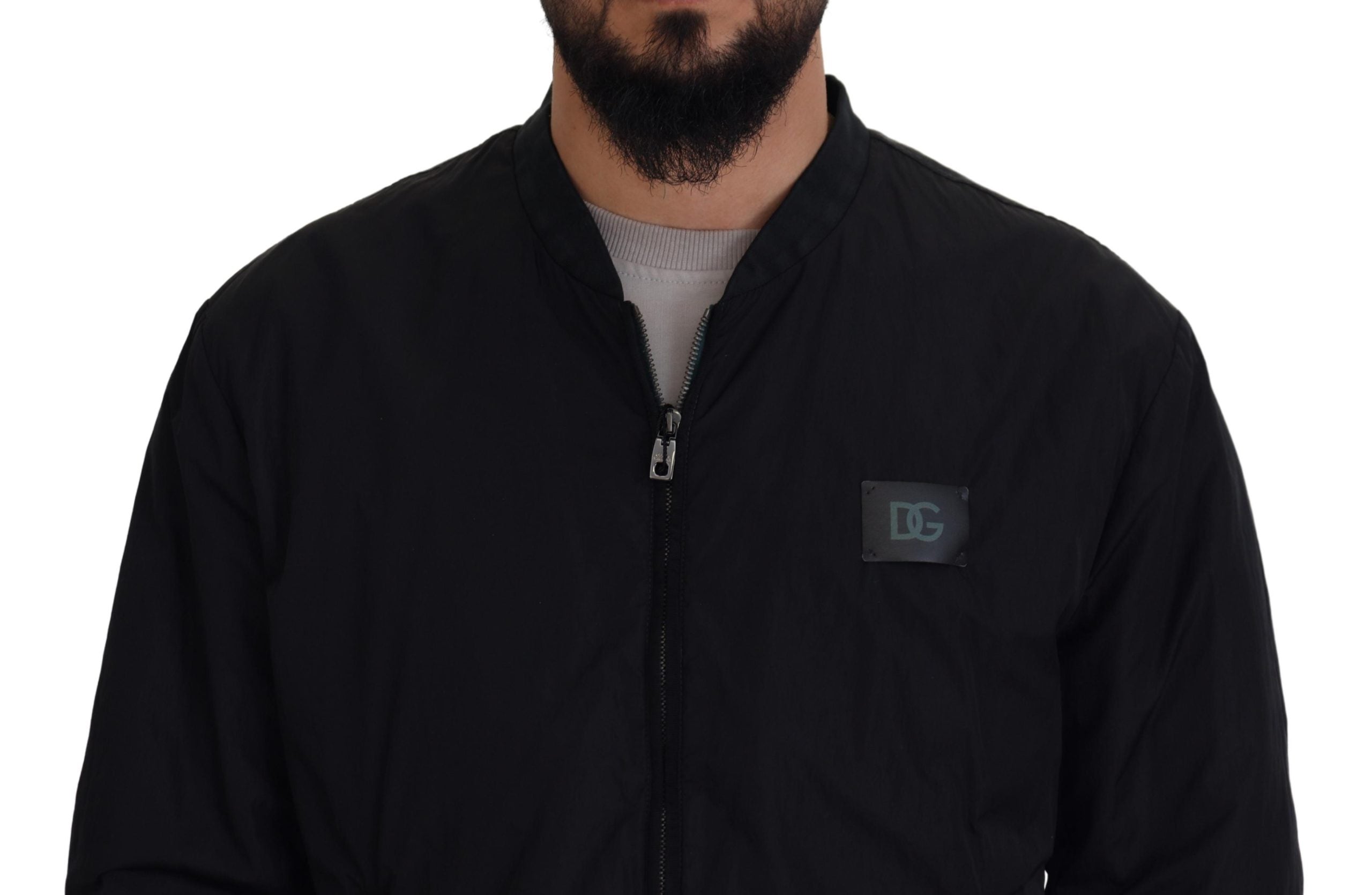Dolce & Gabbana black bomber jacket with front zipper and DG logo patch on chest