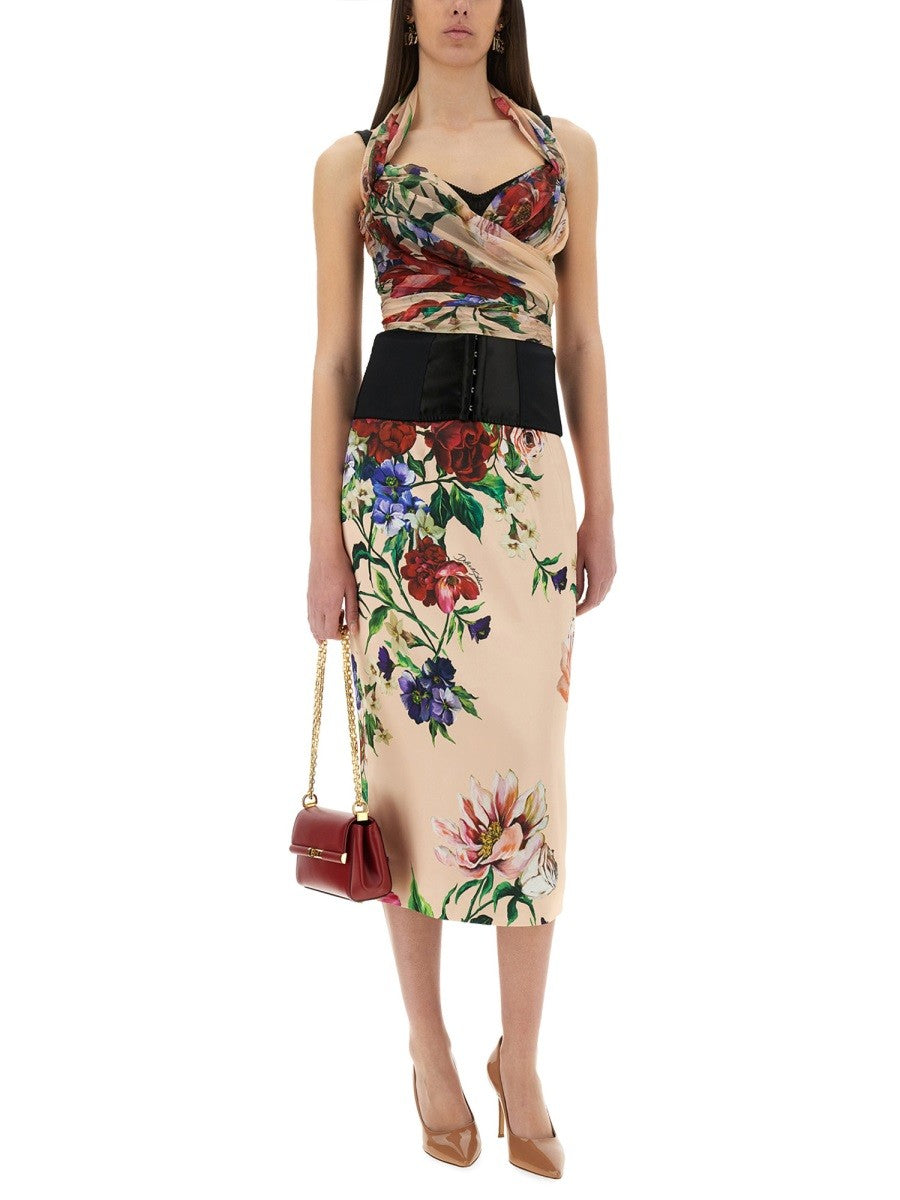 Dolce & Gabbana FLOWER PRINT SATIN MIDI PENCIL SKIRT